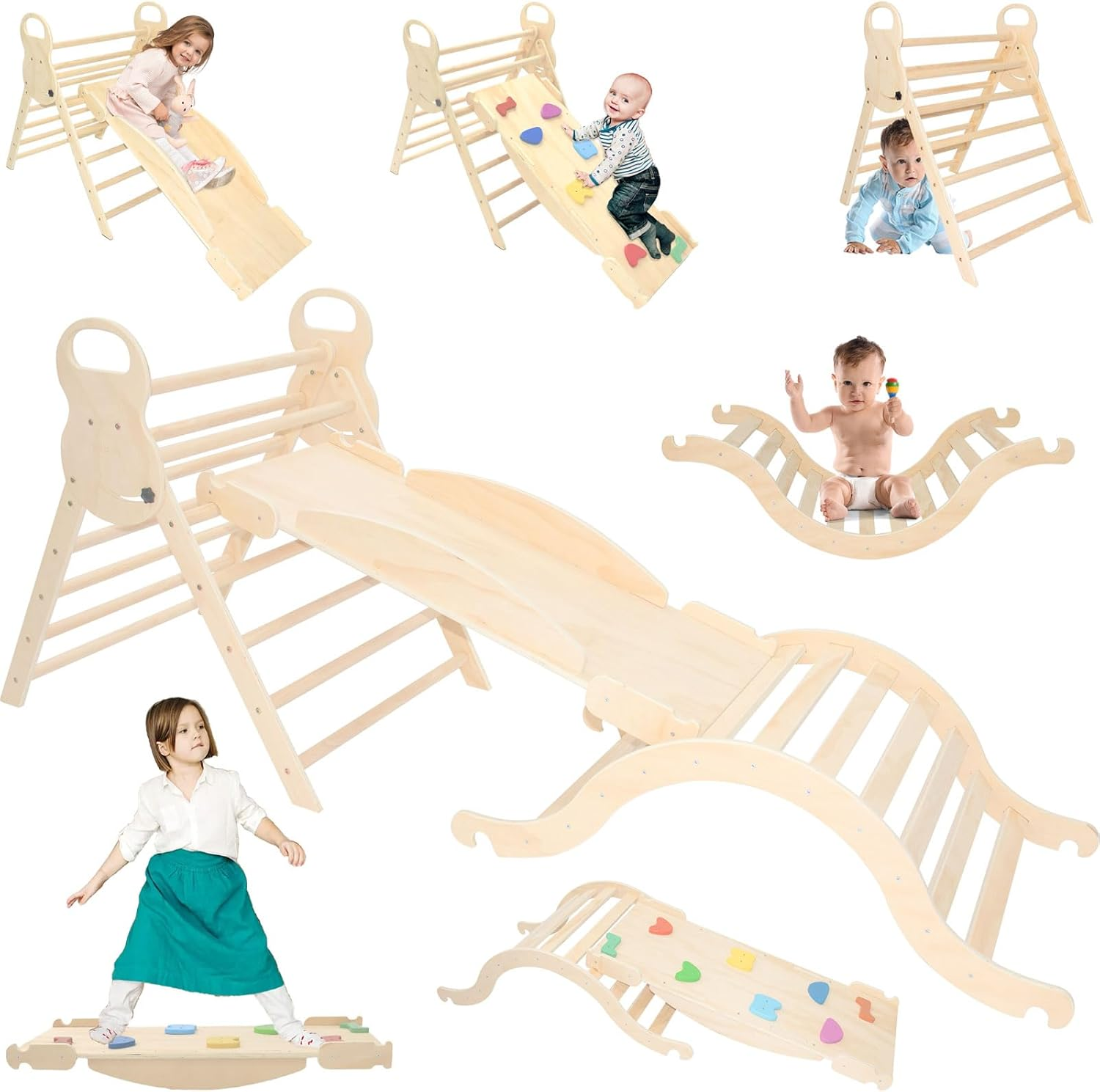 7 in 1 Pikler Triangle Set,Foldable Climbing Toys Wooden Montessori Climbing with Sliding Ramp&Arch Rocker for Toddlers,Climber Indoor Playground Set for Kids (Wooden Color) image number 6
