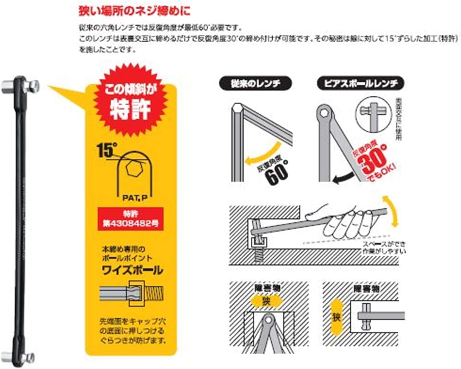 Wise PIS358 Piercing Ball Wrench a Set (3/5/8)/Great for Small Places image number 3