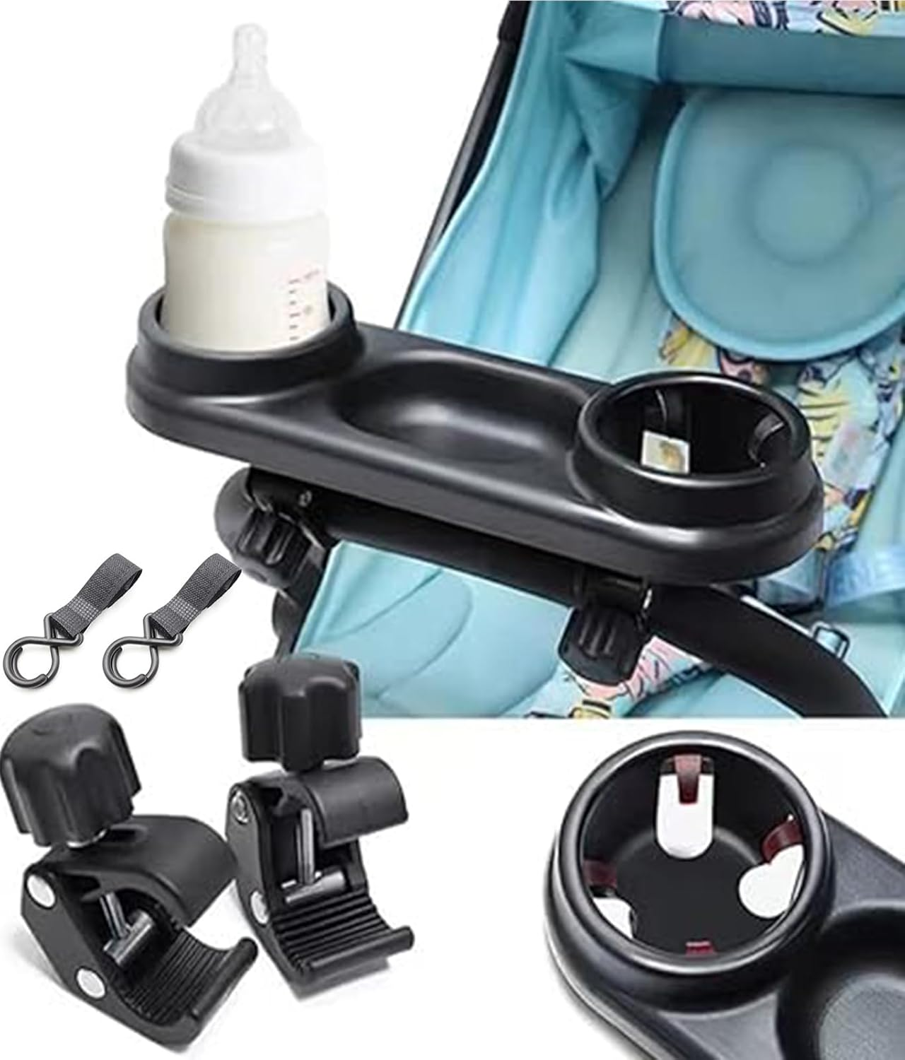 Universal Stroller Snack & Drink Tray, Cup Holder Attachment with Water Bottle Compartment, All - in - One Stroller Accessory for Snacks image number 1