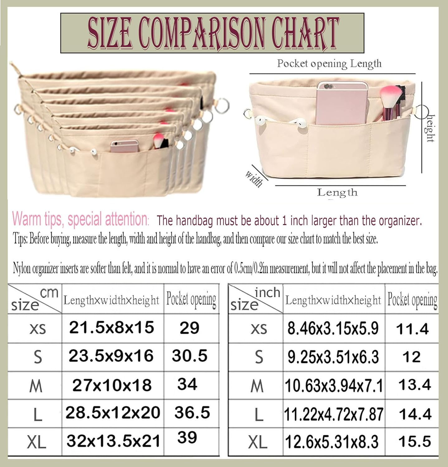 Lckaey Purse Organizer Insert for Neverfull Handbag Is Compatible with More Similar Brands of Tote Bag-Nylon Organizer 3055Khaki-Xs image number 2