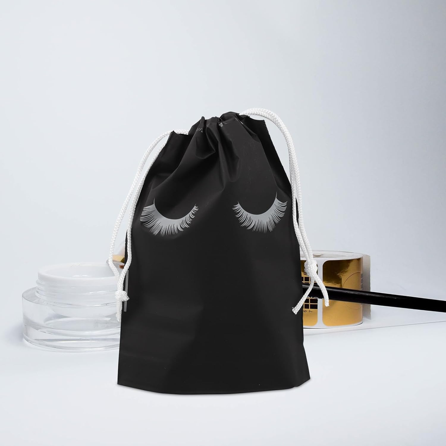 Generic 50Pcs Drawstring Cosmetic Pouch Eyelash Aftercare Bags Small Matte Black Makeup Storage Bags Travel Facial Care Packaging Pouch for Women And image number 1