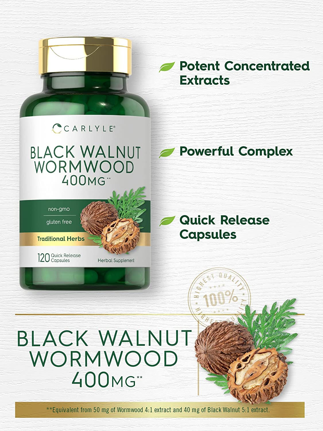 Black Walnut Wormwood | 120 Capsules | Herbal Complex | Non-Gmo, Gluten Free | by Carlyle image number 1