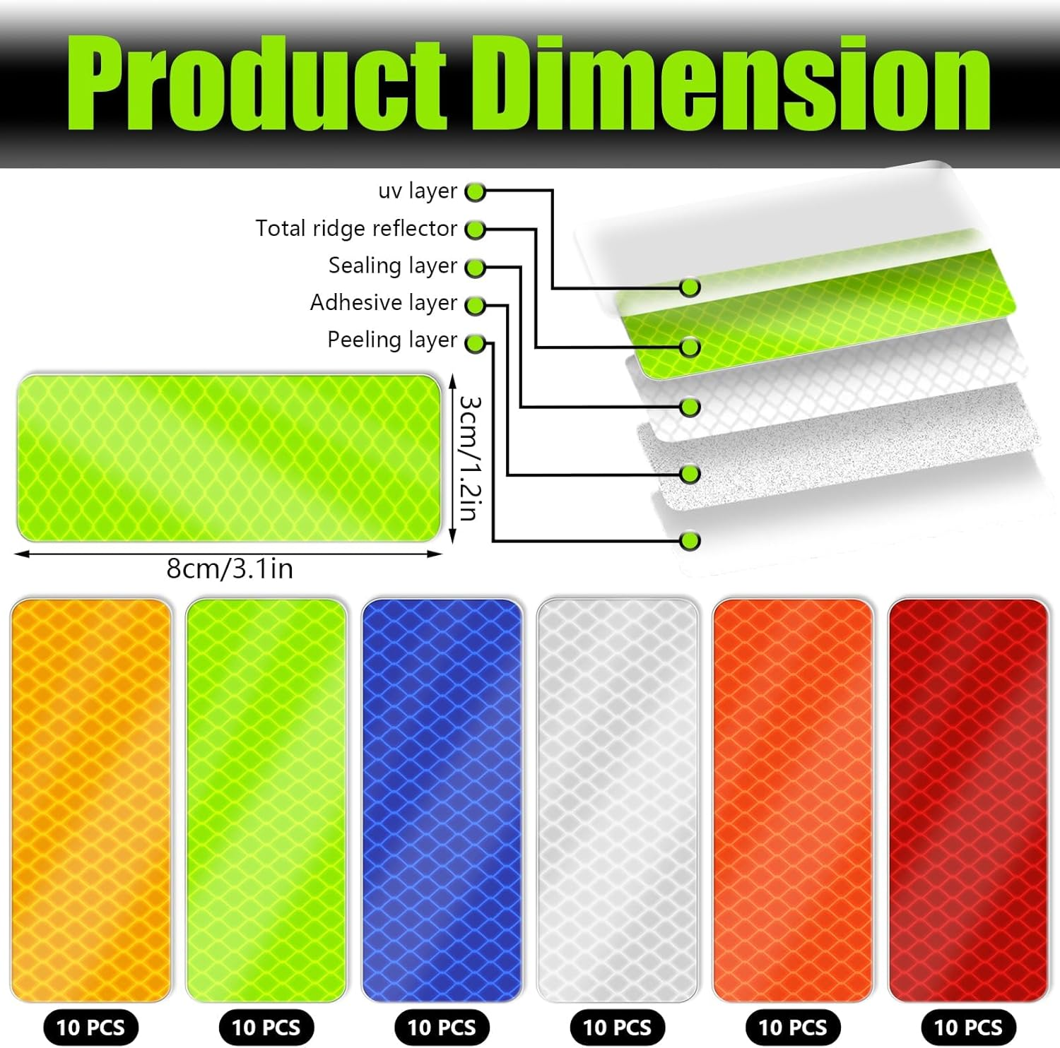 Reflective Stickers, 60 Pcs Night Warning Stickers, Outdoor Reflective Stickers for Vehicles, Cars, Motorcycles, Bicycles (6 Colors) image number 2