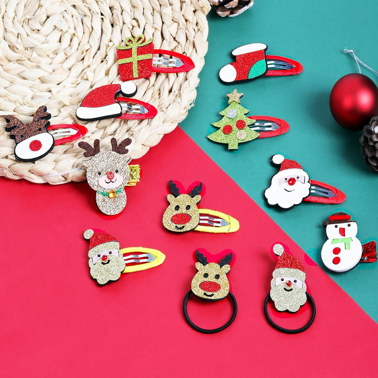 Pack of 12 Hair Clips Christmas Children Glitter Christmas Hair Accessories Cartoon Santa Reindeer Hair Scrunchie Girls Hair Clips for Christmas Party Decoration and Gifts Hair Pins image number 1