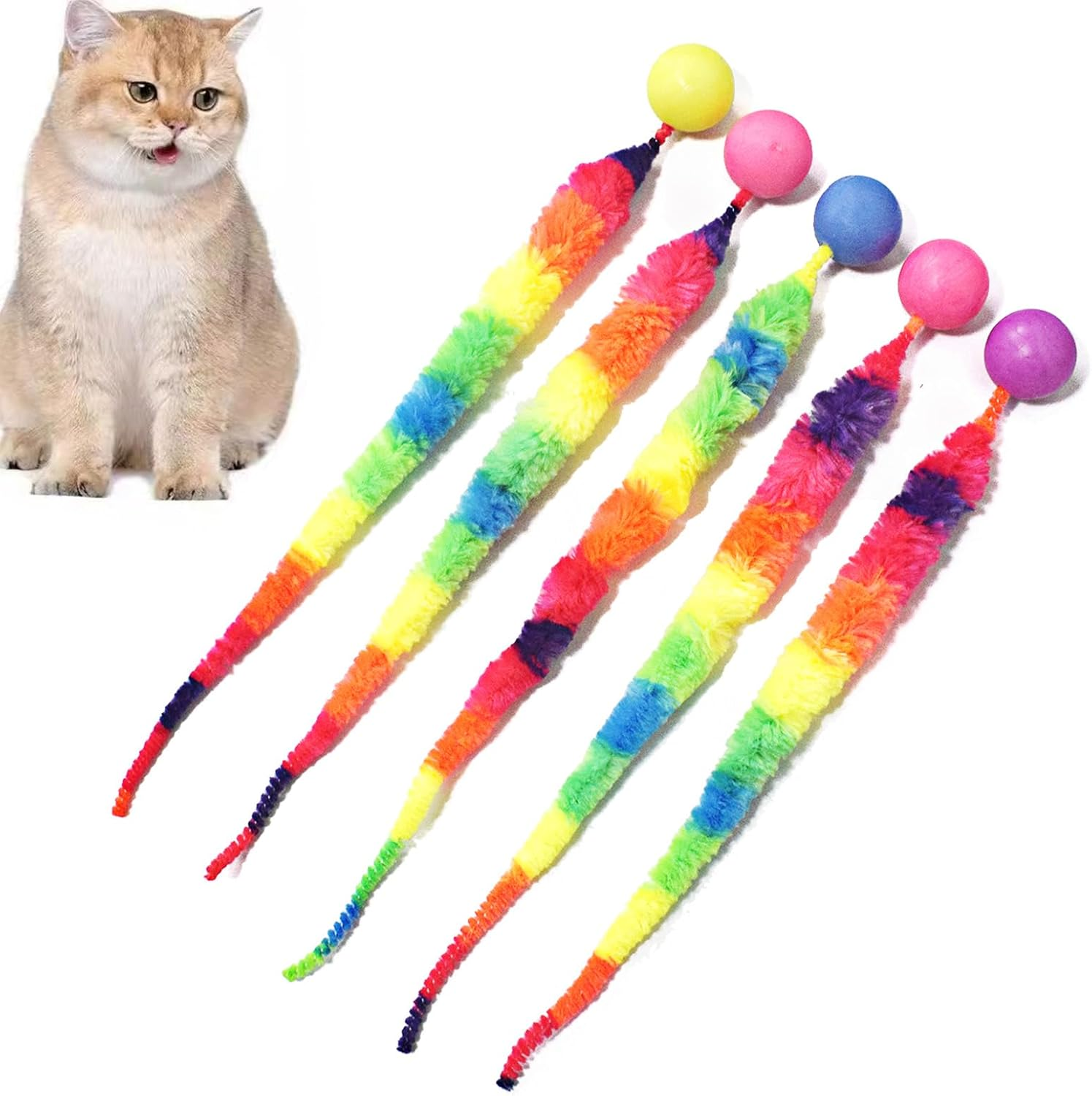 IUHKBH Interactive Cat Balls, 5 Packs Cat Bouncy Balls with Rainbow Worm Cat Chaser Toy Cat Exrecise Toy Balls, Hour of Entertainment, Safe for Your Kitty