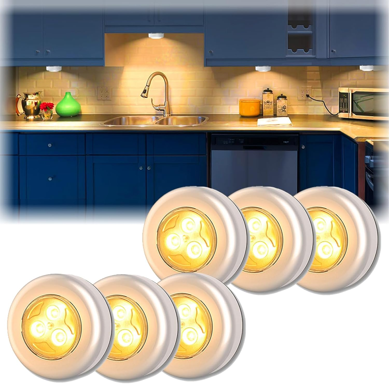 Komiyaa 6Pcs Mini Puck Lights, Portable under Cabinet Lighting, AAA Battery Operated LED Lights, Warm Lightings Touch Light Stick on Night Light, for Closet Counter Kitchen Cabinet RV Indoor Outdoor image number 2
