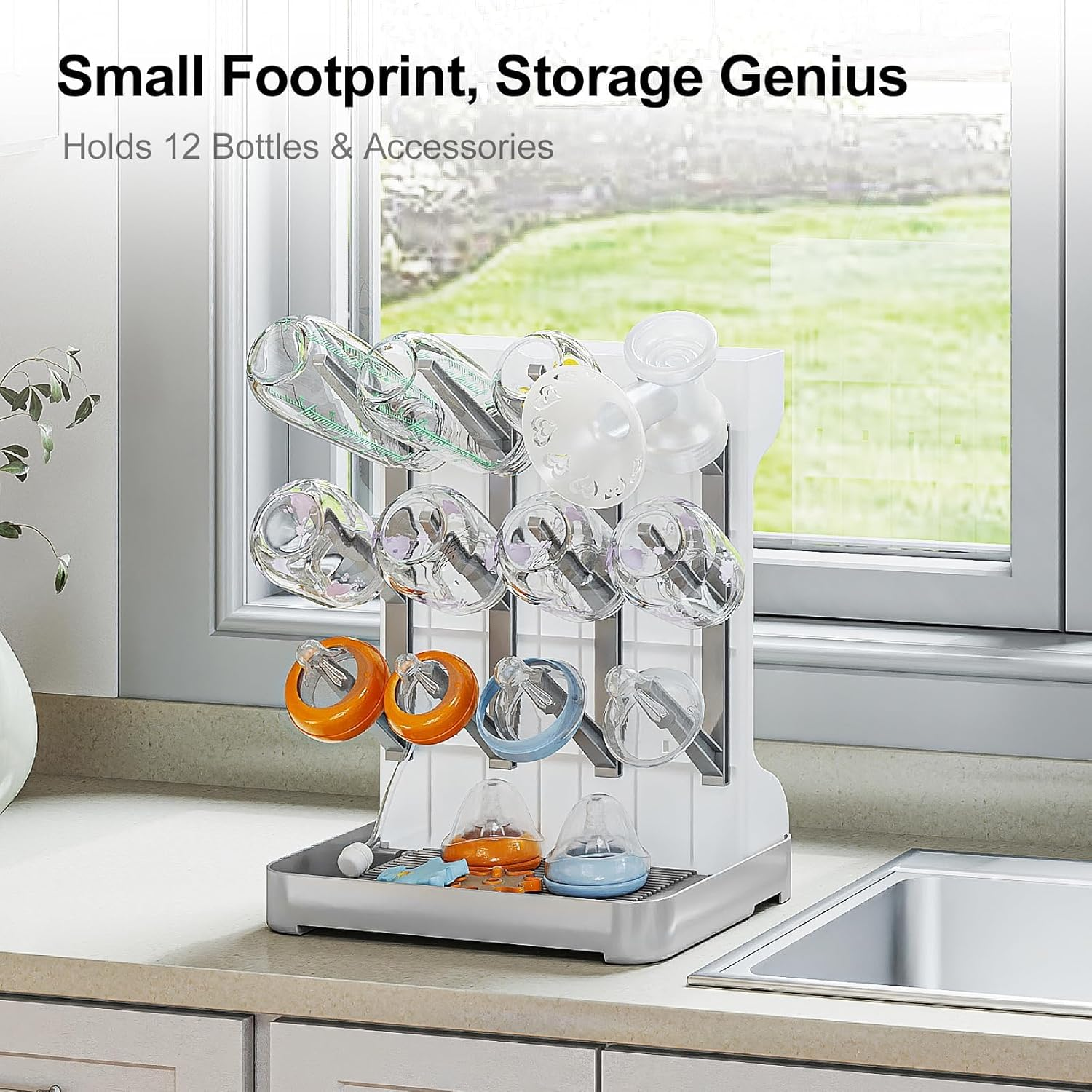 Baby Bottle Drying Rack, Space Saving Vertical Bottle Dryer Holder - Baby Accessories Storage Stand Organize Brushes Pacifiers on Countertop - Bpa-Free - Grey - Blue image number 6