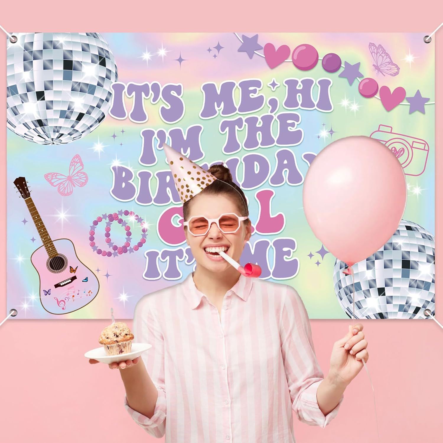 It'S Me Hi I'M the Birthday Girl It'S Me Backdrop, Iridescent Birthday Backdrop for Girls Music Superstar Birthday Banner Perfect Birthday Decorations for Outdoors Indoors image number 3