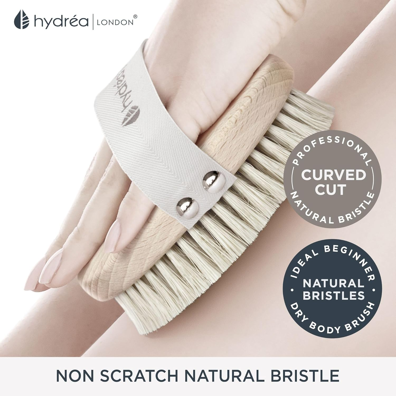 Hydrea London Natural Body Brush &ndash; Exfoliating Wet + Dry Skin Brush with Natural Bristle, Dry Brush Cellulite Remover, Helps Improve Lymphatic Drainage - FSC&reg; Certified Beechwood. image number 2