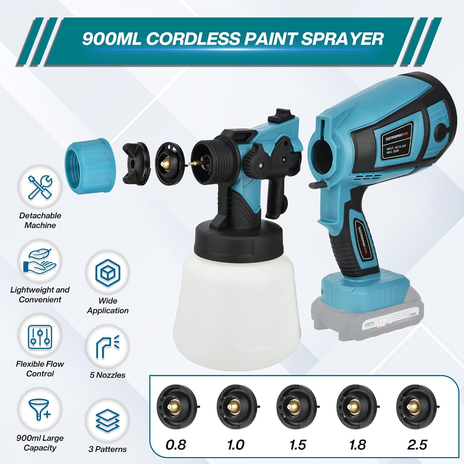 Handheld Paint Sprayer Gun,Battery Paint Spray System for Makita BL Series 18V, 900 Ml Container with 5 Nozzles (0.8/1/1.5/1.8/2.5 Mm), Cordless Paint Spray Gun for Walls (Batteries Not Included) image number 1