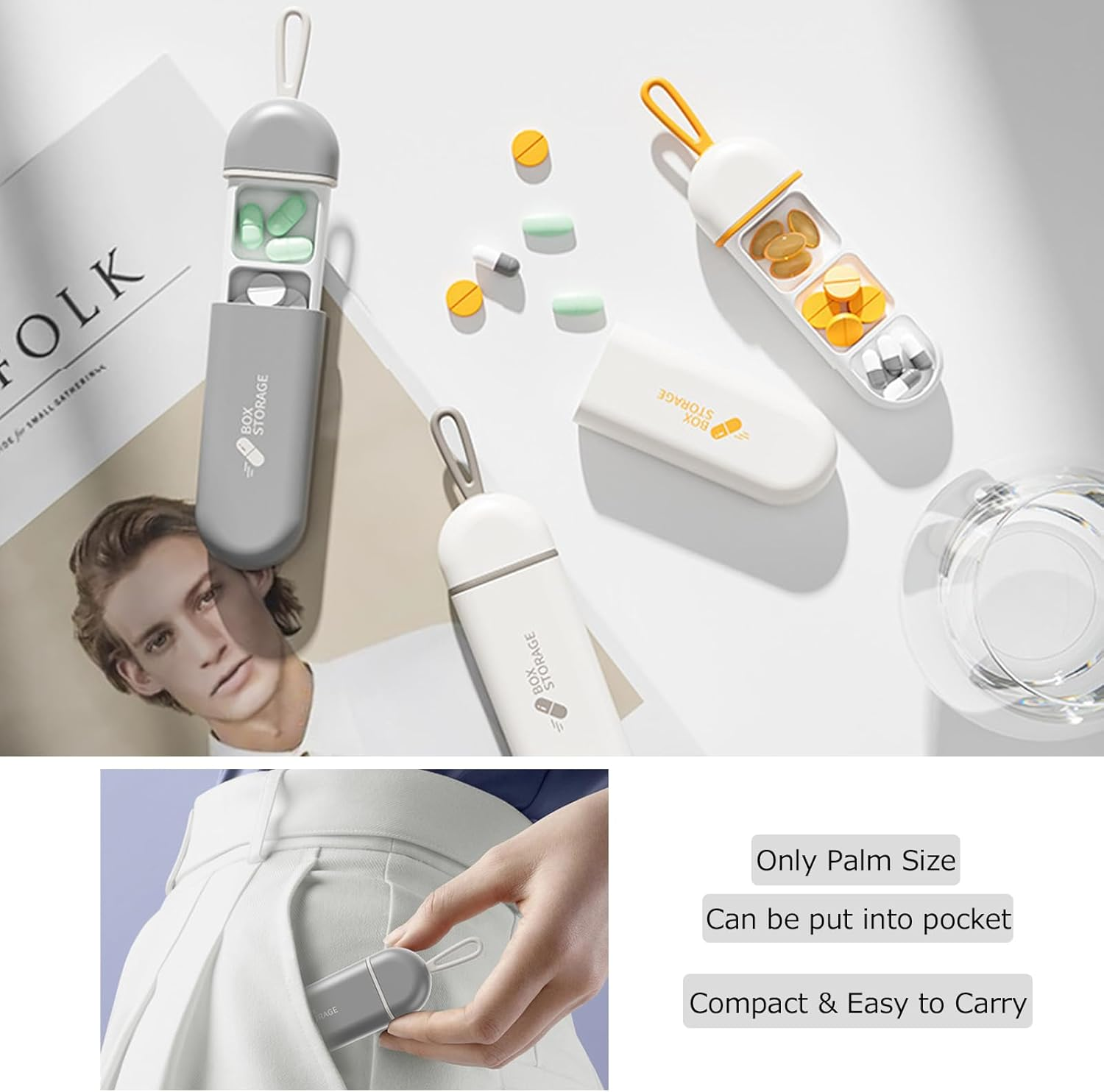 Daily Pill Box Organiser, Small Portable Pill Case for Travel Pocket Purse, Waterproof Pill Container Organizer 3 Compartments, Mini Storage Box for Small Accessories (Grey)