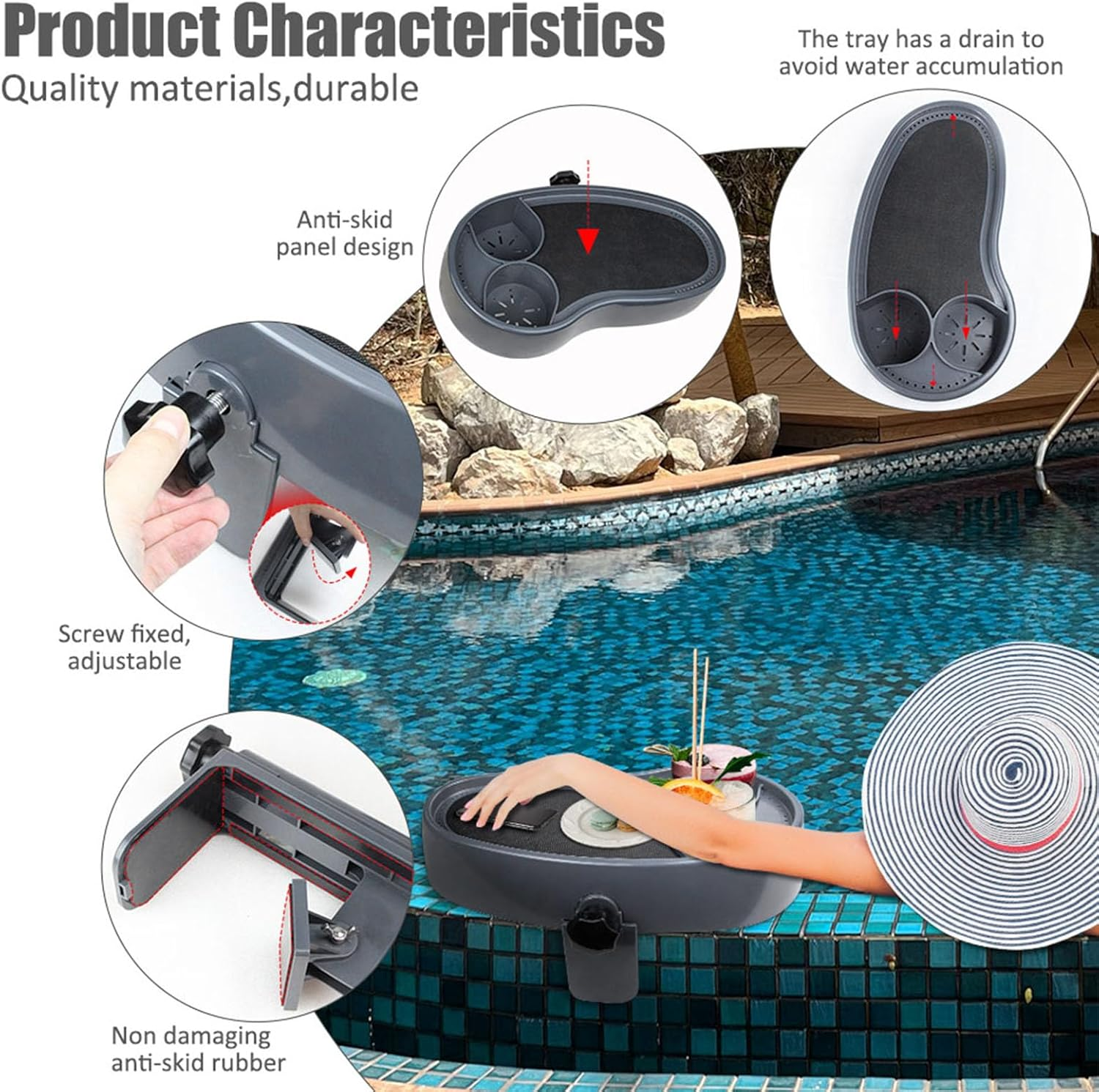 LICAEVEY Hot Tub Tray, Adjustable, anti Slip, Cup Holder, Grey Plastic, Rectangular, 40X20X17.5Cm, 1240G, 2 Pack image number 1