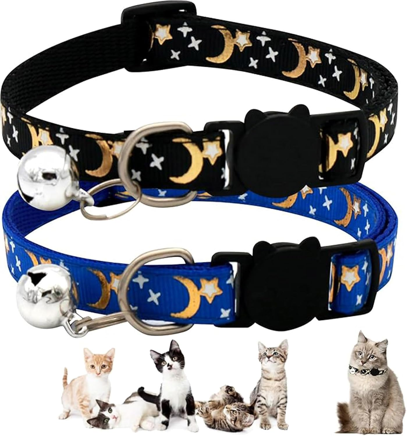 2PCS Glow in the Dark Cat Collars with Bell - Adjustable Breakaway Kitten Collars, Safe Stretch Clasp, Cute Moons & Stars Pendant for Indoor/Outdoor Cats image number 3