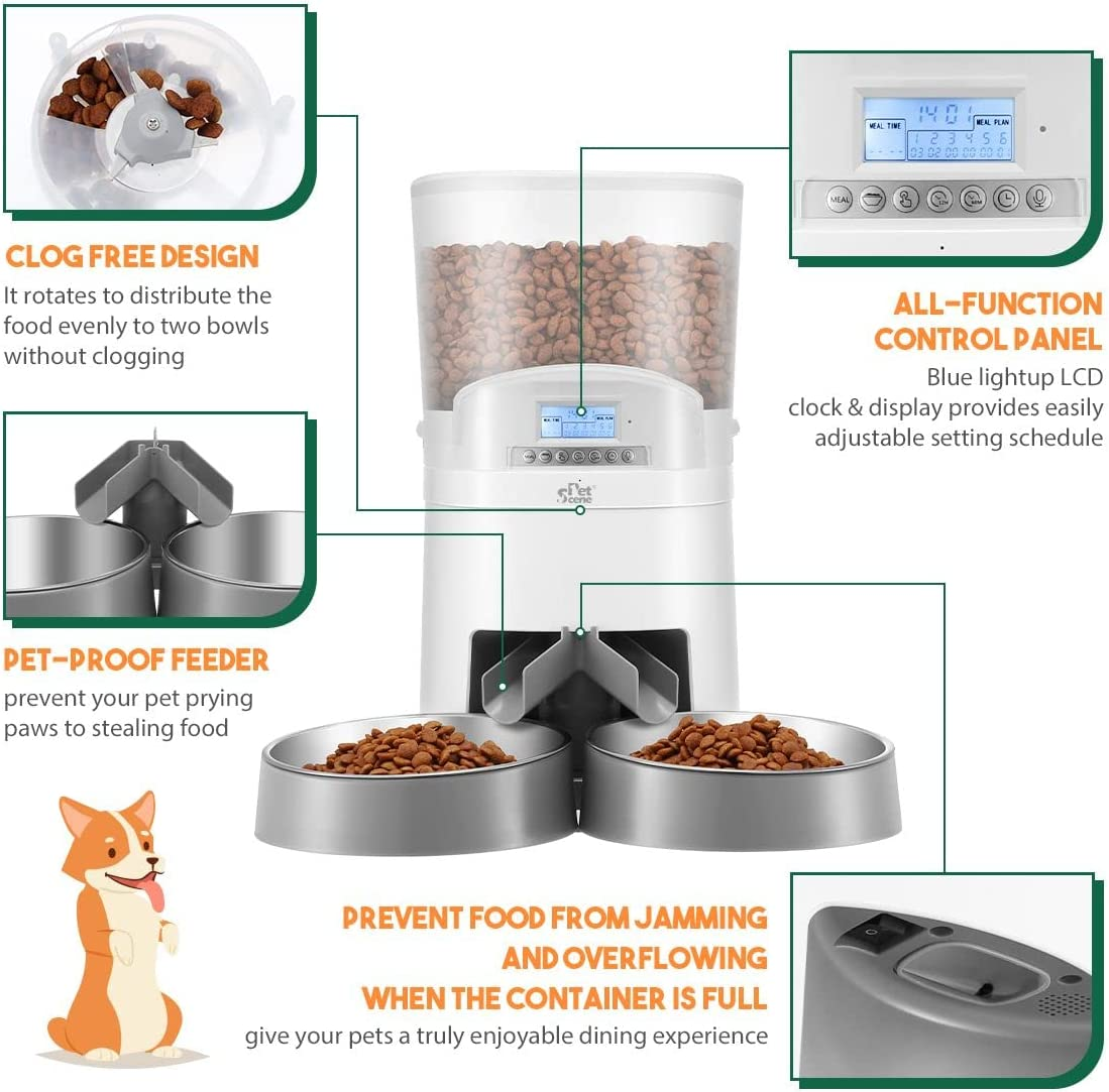 Pet Scene Automatic Cat Feeder 7L Auto Pet Feeder Dog Food Dispenser Voice Recorder with 2 Bowls LCD Screen,6 Meal/Day image number 4