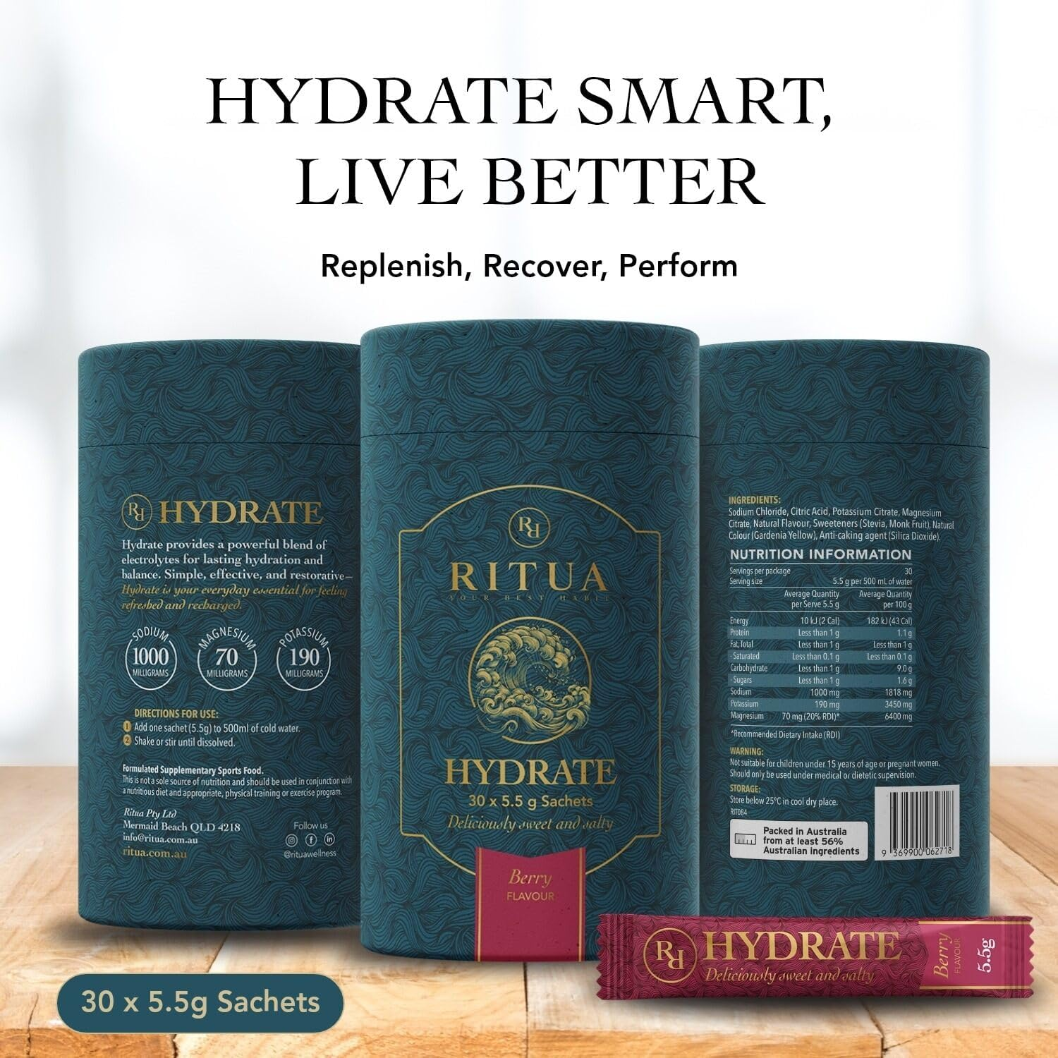 RITUA Zero Sugar HYDRATE Electrolyte Powder, Ideal Pre-Workout and Post-Workout Powder, Zero Carbs Energy Drink, 1000Mg Sodium per Serve, Natual Flavours and Sweeteners, 30 Sachets (30 Sachets, Berry)