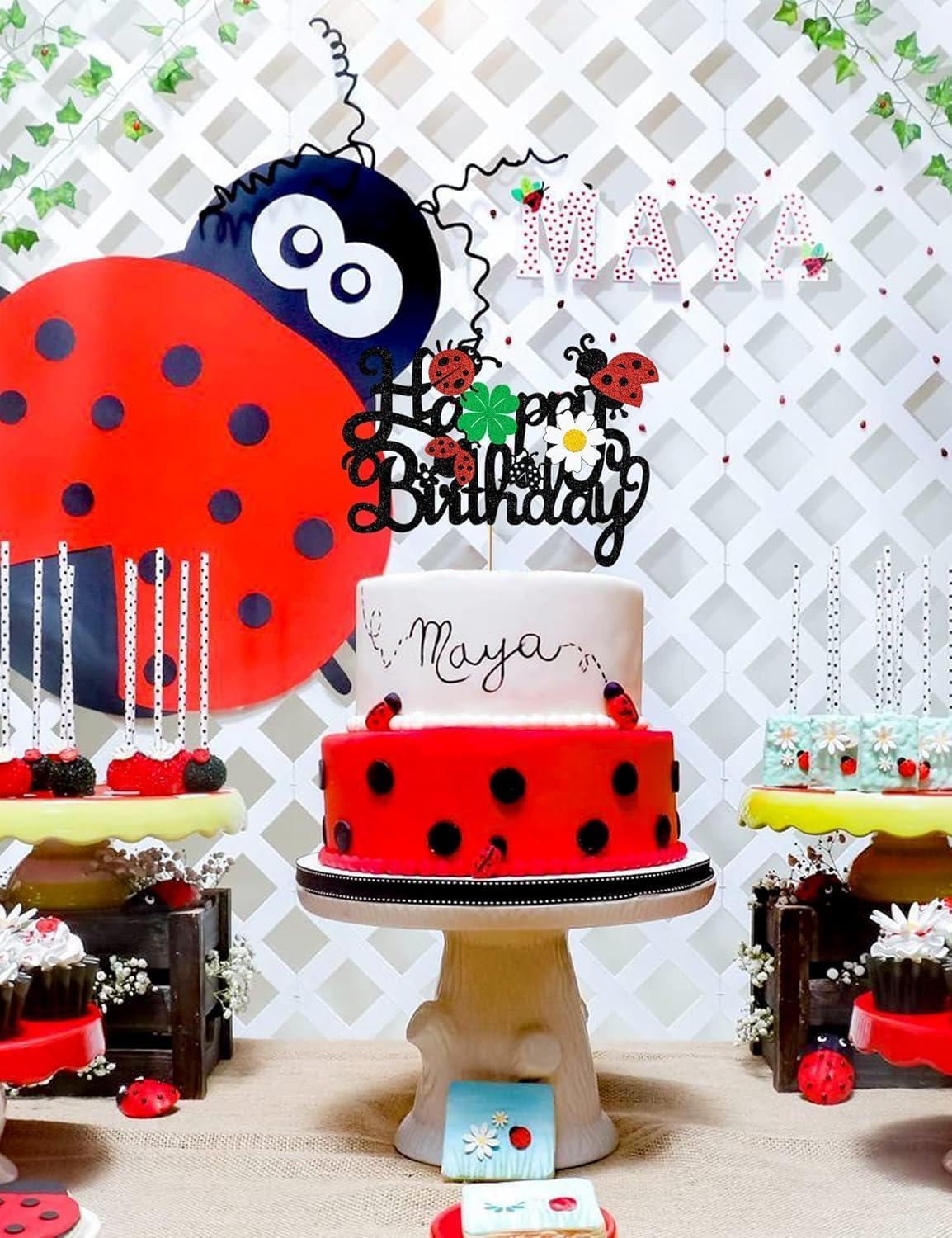 Confetti! Ladybug Cake Topper | Joyous Birthday Toppers Featuring Glittering Ladybugs, Daisies & Clovers - Essential Decoration Supplies for a Baby Shower or Boys and Girls' Birthday Celebration image number 3