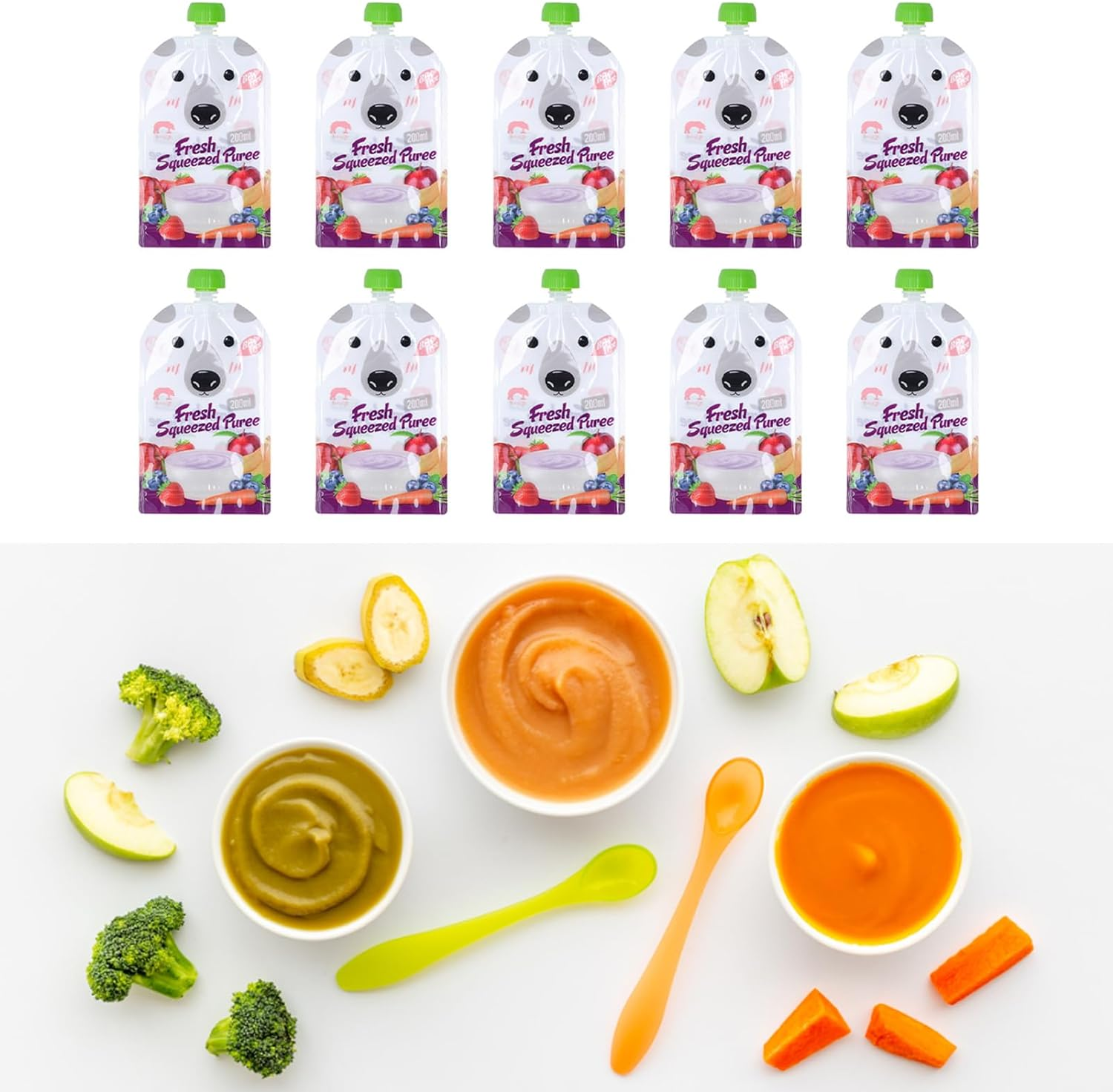 Baby Food Pouches, 10Pcs 200Ml Reusable Refillable Baby Food Containers, Freezable Baby Snack Containers Bag for Fruit Puree Yogurt Applesauce, DIY Toddler Purees Smoothies Pouches
