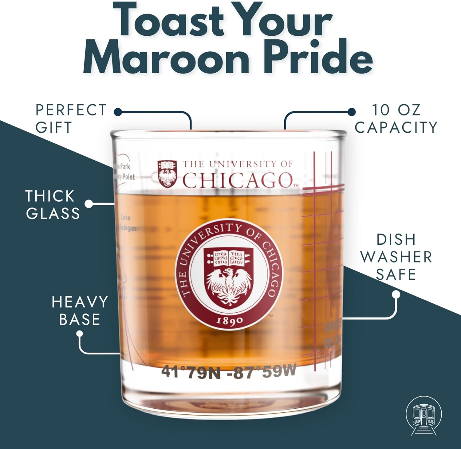 Greenline Goods &ndash; University of Chicago Maroons College Whiskey Glasses (Set of 2), 10 Oz &ndash; Full-Color Logo + Campus Map image number 1