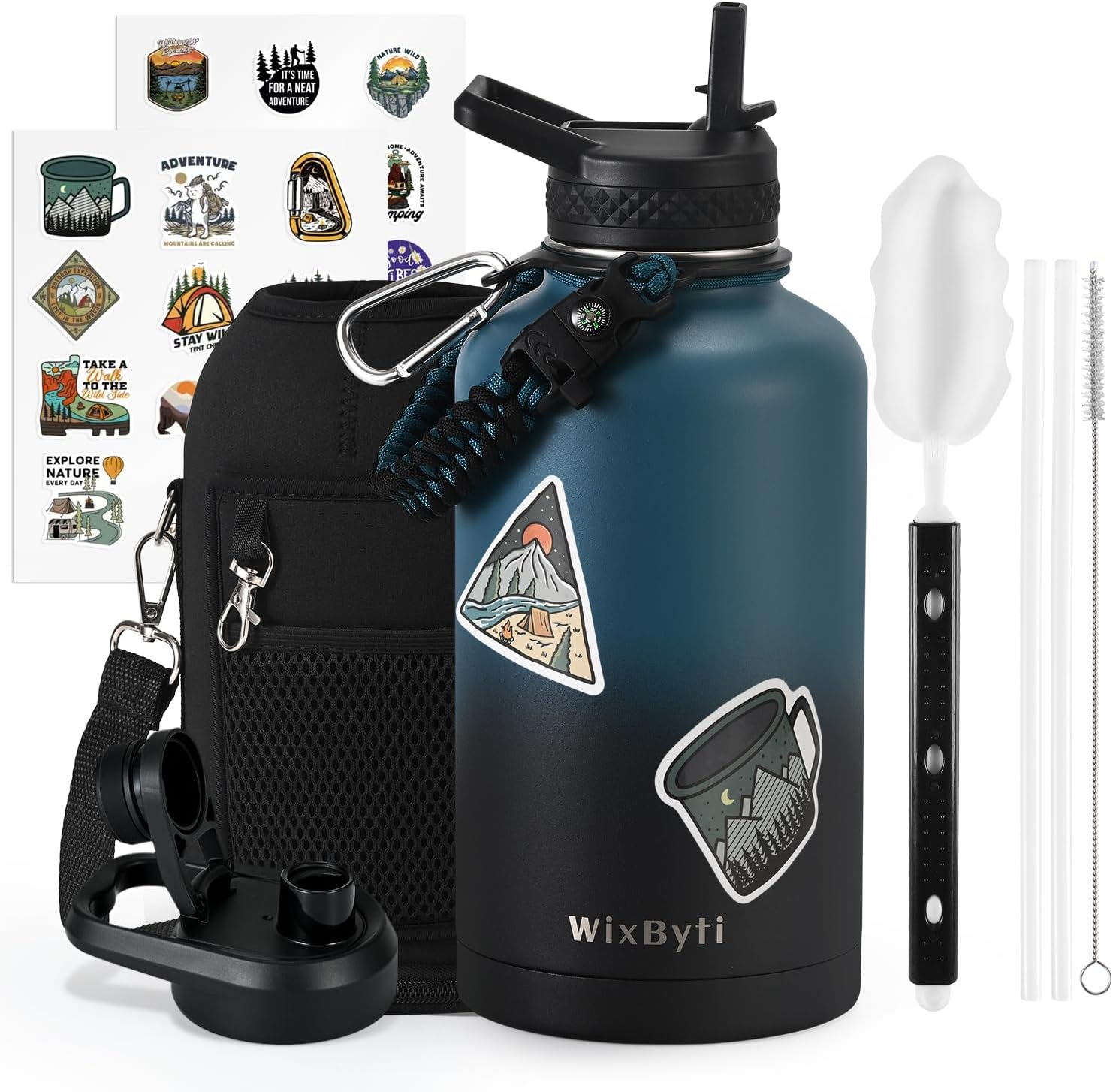 Wixbyti 1900Ml Insulated Water Bottle with Straw (Cold for 48 Hrs), Half Gallon Stainless Steel Triple Wall Vacuum Sports Water Jug, Leakproof Hydro Cup Flask with Straw Spout Lids & DIY Stickers image number 5