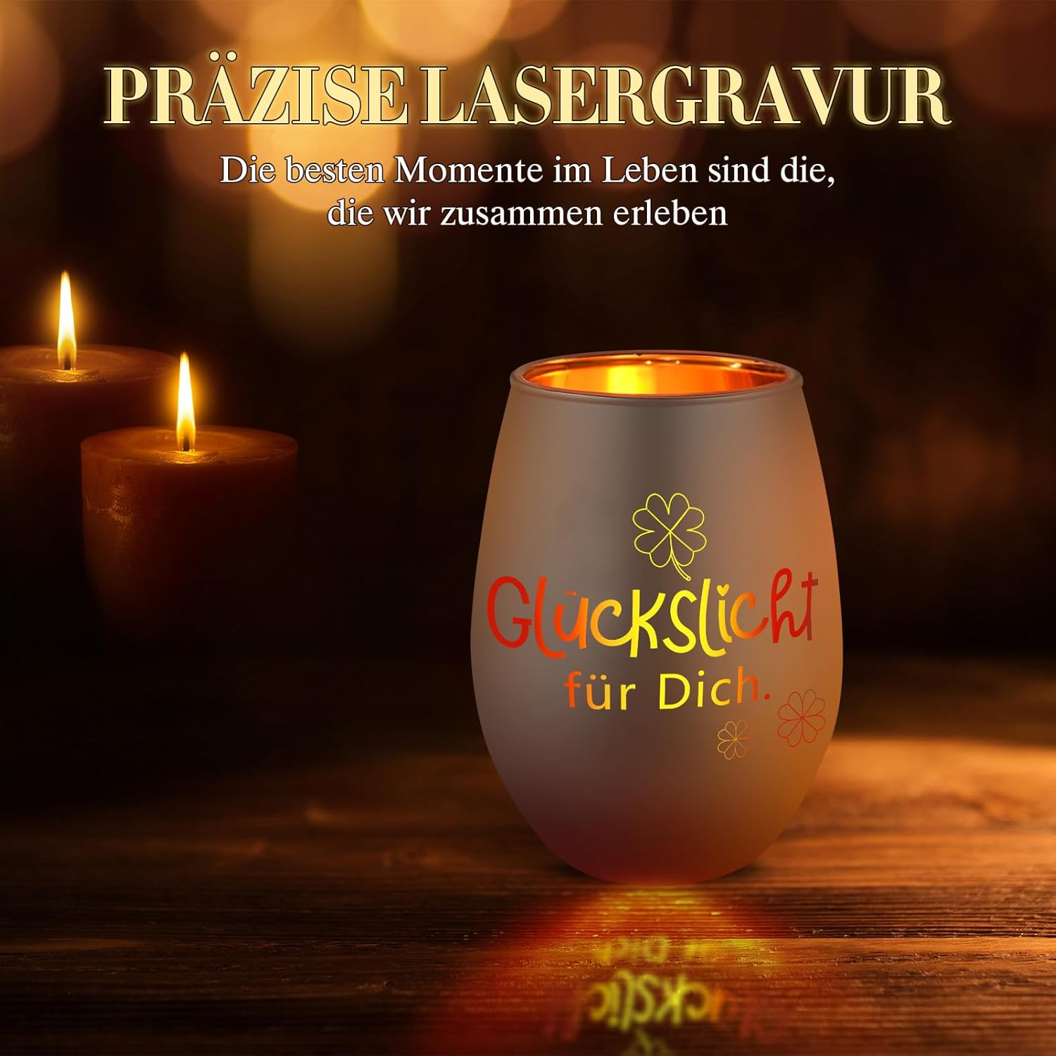 Belillpipi Lucky Light Gifts Lantern with Engraving, Lantern in Rose Gold with Gift Box, Glass Tea Light Holder, Special Gift for Birthday, Christmas, Thank You Gift for Women