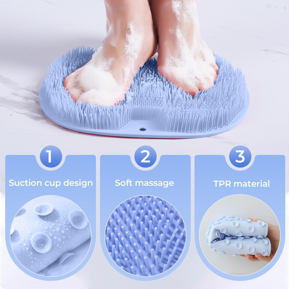 Shower Foot Scrubber Mat with Non-Slip Suction Cups, Foot Back Cleaning Pad Back Washer Exfoliating Bath Wash Pad, Non Slip Bathtub and Shower Mat with Suction Cups and Drain Holes (Grey) - Green image number 3