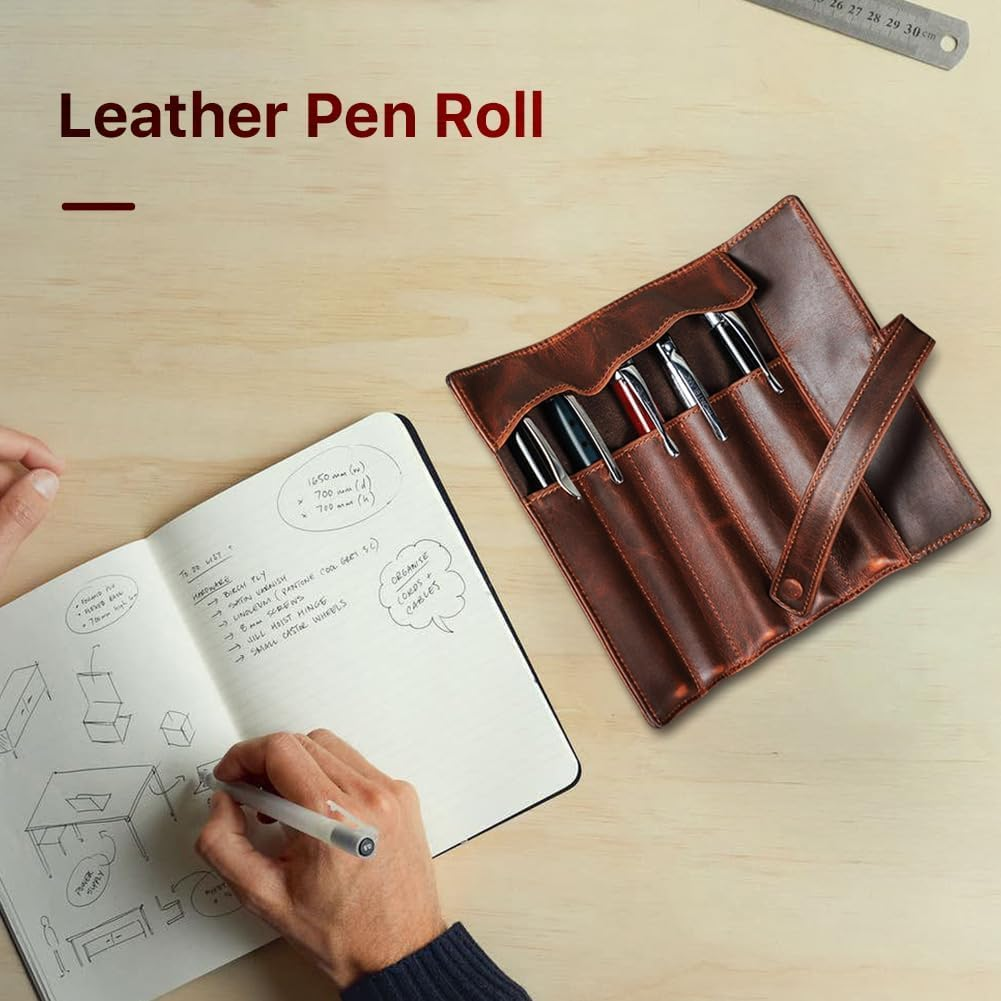 Contact'S Family Genuine Leather Fountain Pen Case for 5 Pens Jewelry Roll Large Capacity Leather Pen Case Pen Holder image number 5