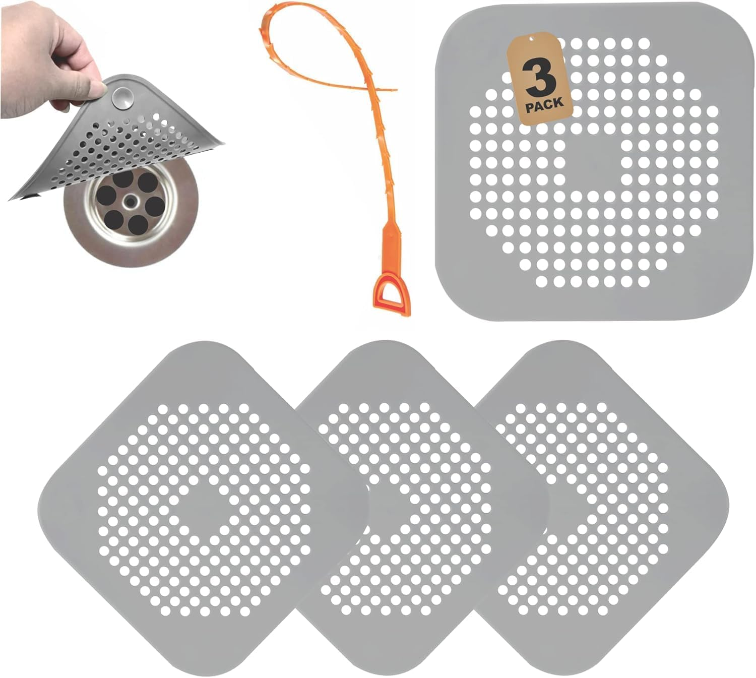 3 Pack Shower Hair Drain Catcher Is Hair Stopper for Shower Drain with 4 Suction Cups Easy to Install Hair Catcher Shower Drain Suit for Bathroom Bathtub Kitchen (Grey, 5.7") image number 5