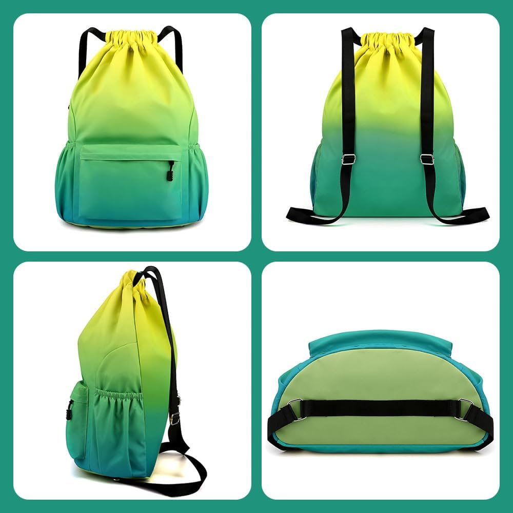Drawstring Backpack,Waterproof Drawstring Bag,Storage Backpack,Outdoor Travelling Bag,For Sports, Work,For Men Women,With outside Zipper Pocket (Yellow Green Gradient) image number 4