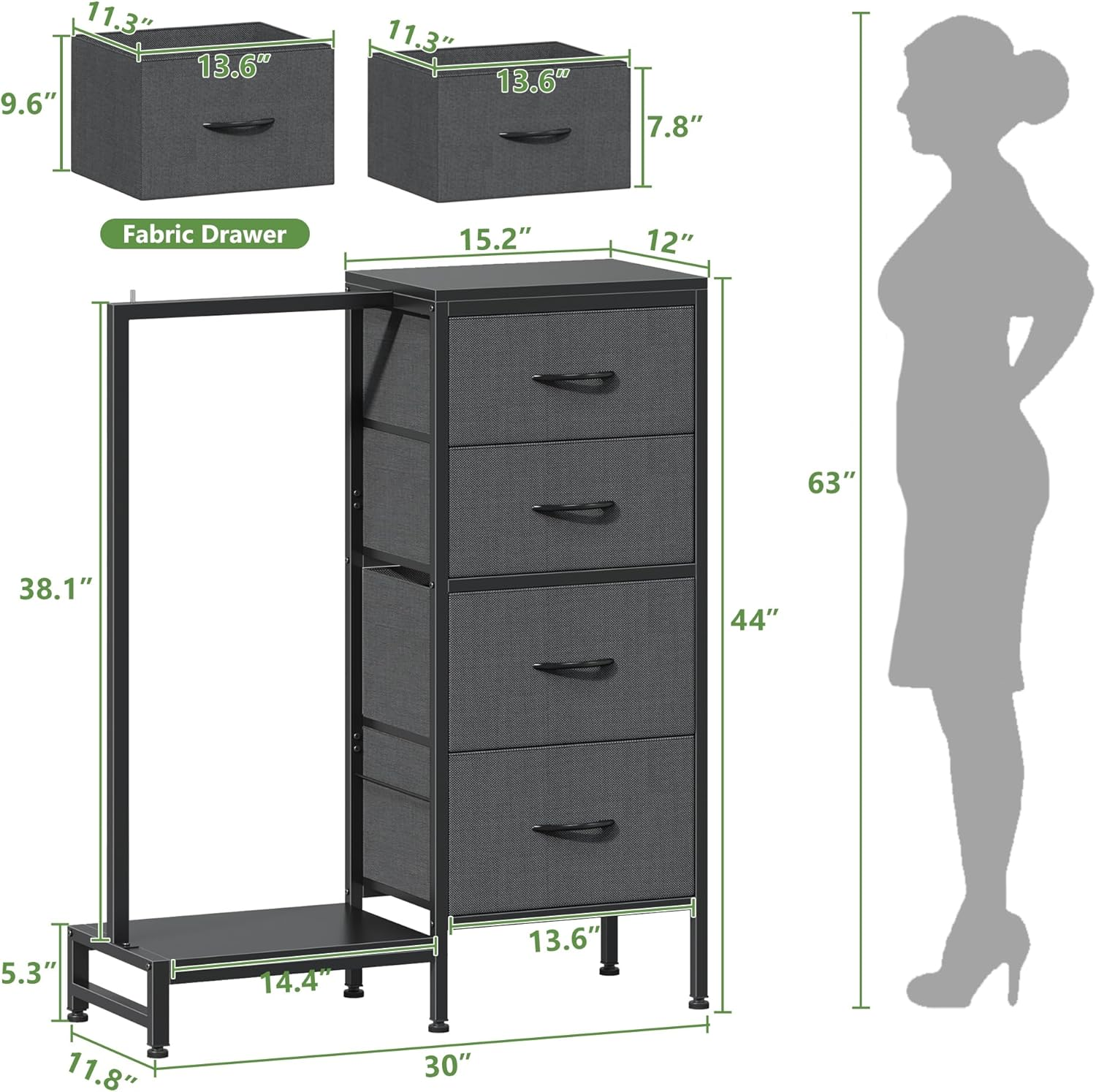 HIGDBFE Dresser with Hanging Rack, 4 Drawers Small Closet for Bedroom, Reversible Fabric Kids Dresser for Closet with Clothes Rack, Tall Chest of Drawers, Sturdy Frame, Grey, 44" H image number 4