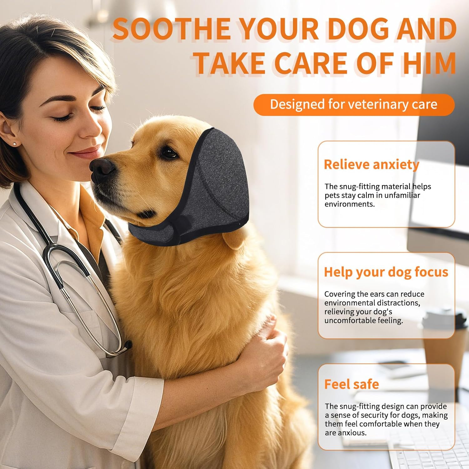 Dog Ears Cover, Adjustable Dog Ear Muffs Protection Comfortable Quiet Dogs Calming Hood Ear Head Wrap Cups Shower Cap Supplies for Bath Grooming Thunder Fireworks (S) image number 2