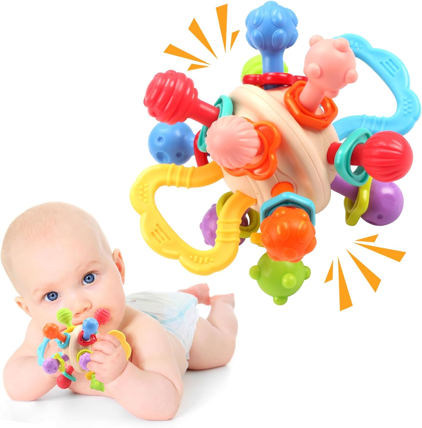 Jenilily Baby Newborn Rattles Chew Toys, Sensory Montessori Toy Infant Teething Relief Teether, Gifts for 0 3 6 9 12 18 Months Girl Boy Toddler Travel Toy image number 3