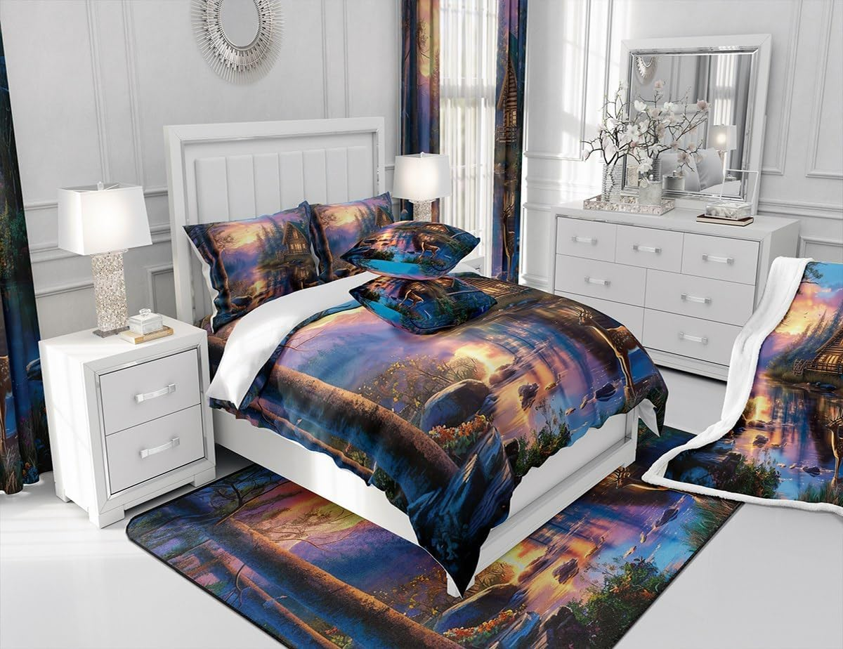 Hunting House Bedding Set S Size, Wild Deer Animal Hunting Cabin Decor Comforter Cover Set for Children Girls, Rustic Farmhouse Lake Pine Natural Landscape Quilt Cover Bedroom Decor, 2 Pieces image number 3