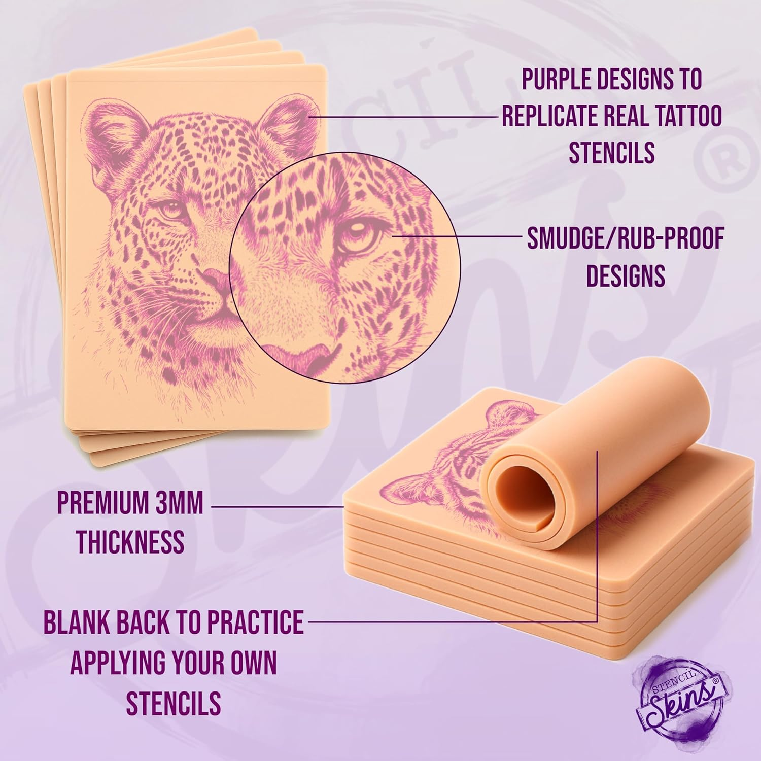 Stencil Skins Pre Printed Tattoo Stencils Skin for Practice Set of 5 Feline Designs, 3Mm Silicone Fake Skin Tattoo Second Skin, Practice Shading, Line Work Realistic Big Cat Set image number 4