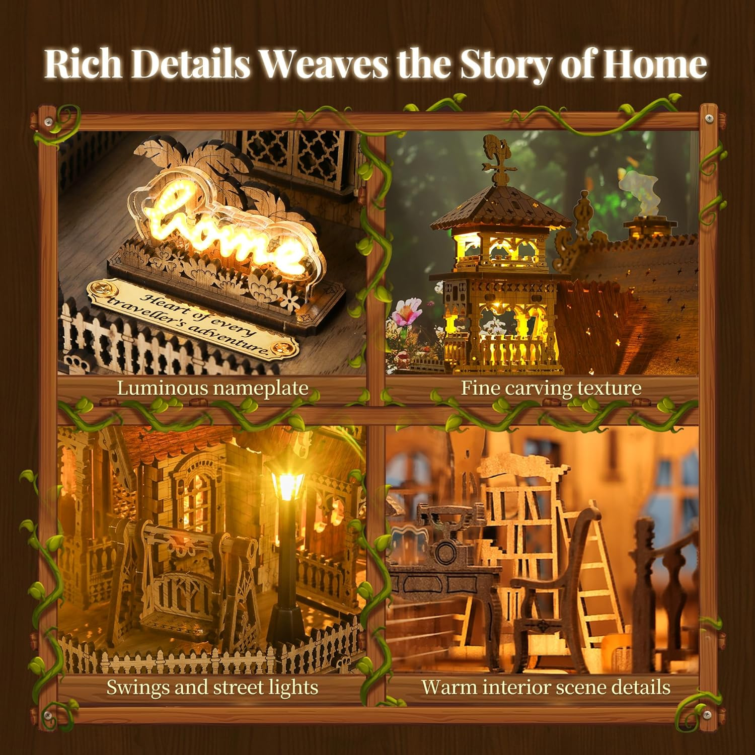 FUNPOLA LED 3D Wood Puzzle Countryside Cottage Model - DIY Miniature Building Kit with Spark LED Lights - 3D Craft Rural Architecture Home D&eacute;cor Adults image number 5