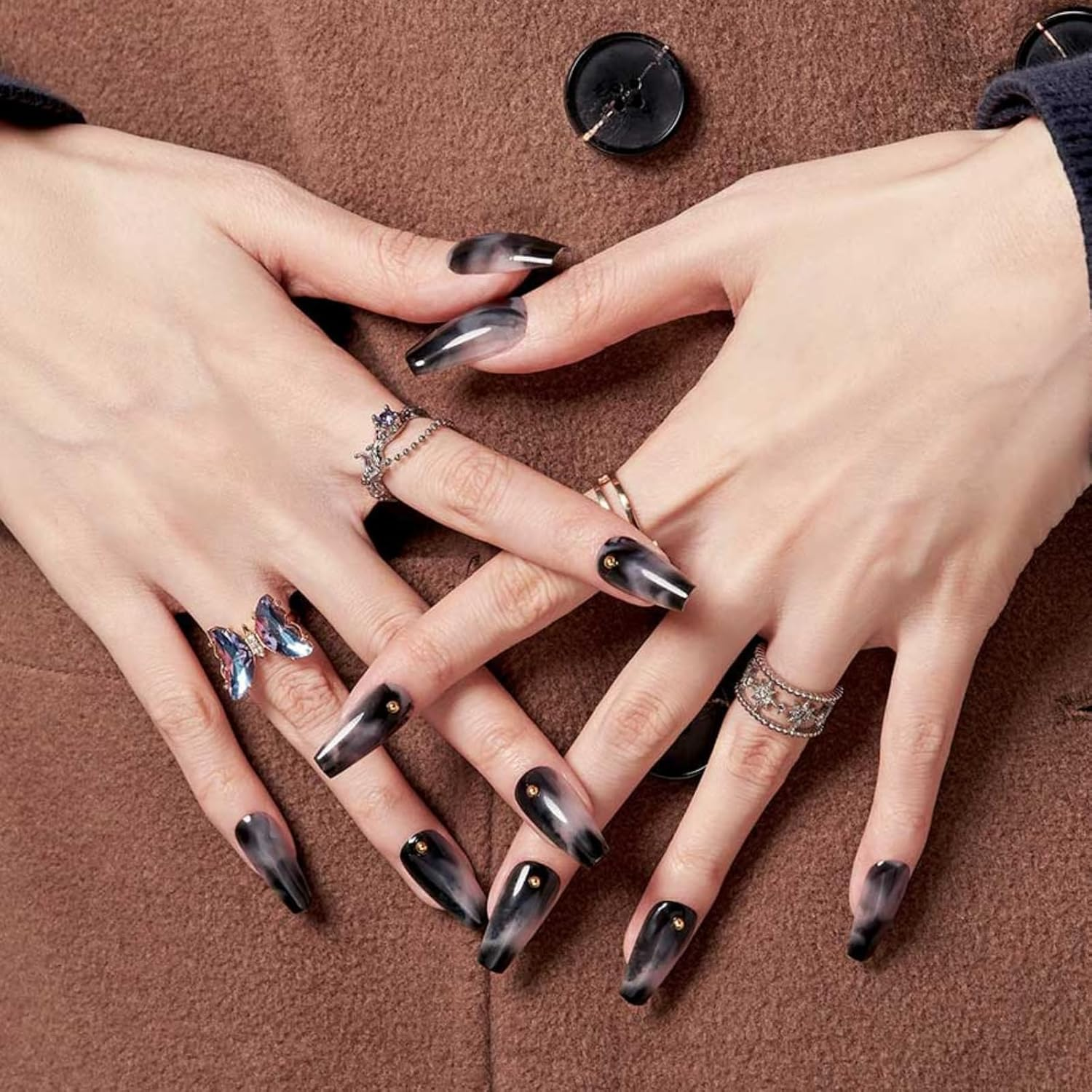 Black Press on Nails Coffin, GLAMERMAID Black Flase Nails Medium Long Reusable Acrylic Fake Nails with Glue, 24Pcs Black Black Glitter Stick on Nails Kits Full Cover with Design for Women Girls - Pearly White image number 5