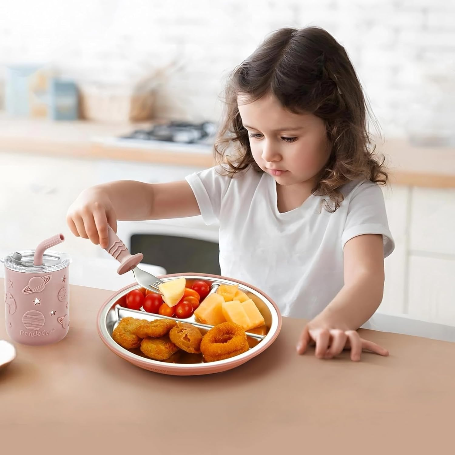 Pandaear 6-In-1 Stainless Steel Baby Feeding Set | Divided Suction Plate, Bowl, Sippy Cup with Straw, Bib, Spoon & Fork | Bpa-Free Toddler Feeding Essentials for Self-Feeding, Pink image number 4