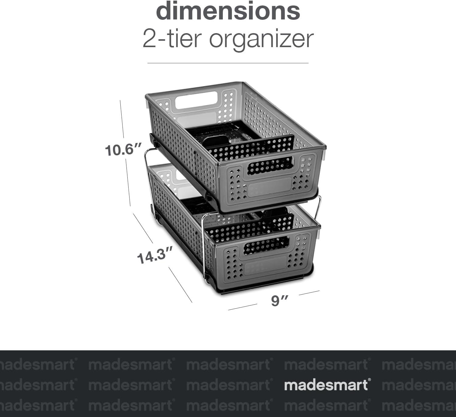Madesmart Antimicrobial 2-Tier Organizer Multi-Purpose Slide-Out Storage with Handles and Dividers for Home and Bath, Pack of 1, Carbon image number 2
