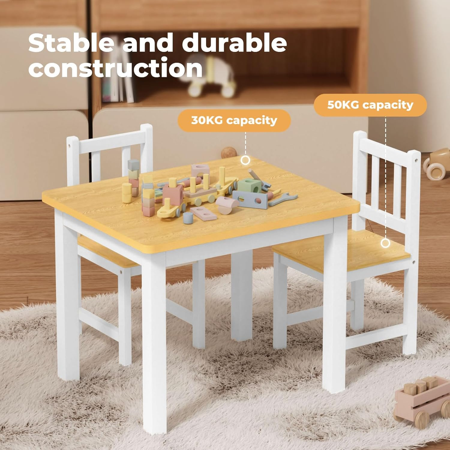 Bopeep Kids Table and 2 Chairs Set, Pine Wooden Study Play Desk Children Activity, Reading, Arts, Crafts, Snack Time, Homework, Playroom, Furniture Set for Daycare Playroom, Boys & Girls, 3 Pieces Set image number 3