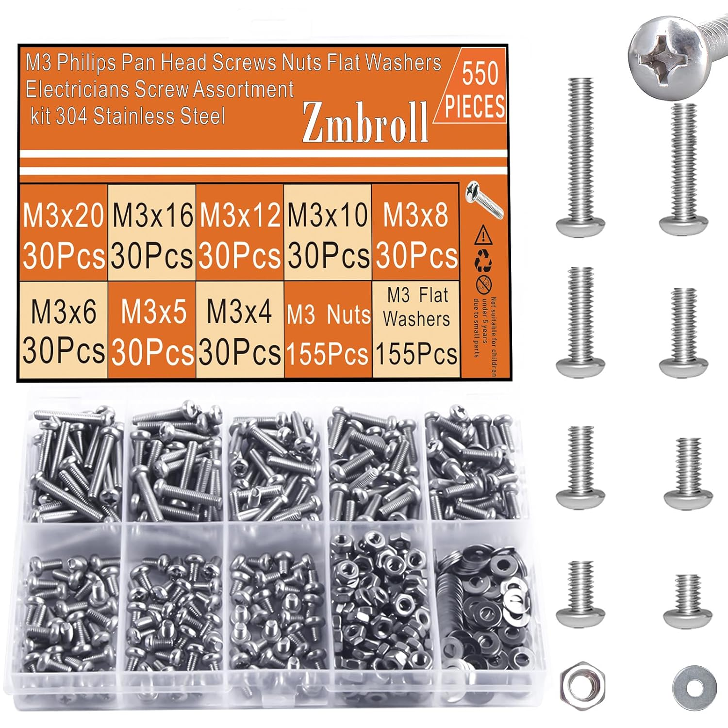 Zmbroll 550Pcs M3 Phillips Pan Head Machine Screws M3X4/5/6/8/10/12/16/20Mm Metric 304 Stainless Steel Screw Fully Thread Small Screws Fasteners Bolts Nuts and Flat Washers Assortment Kit image number 6