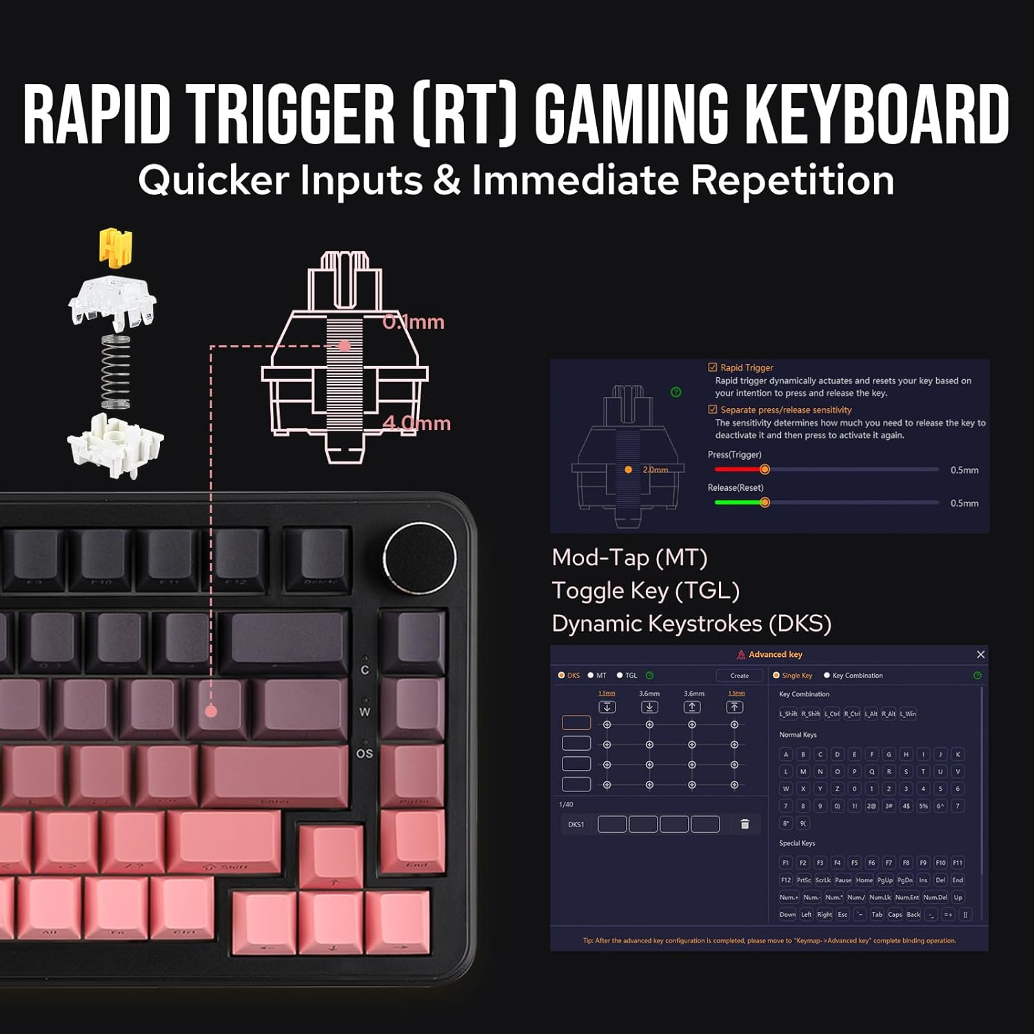 AJAZZ AK820 MAX HE Hall Effect Magnetic Gaming Keyboard, Adjustable Actuation, 8Khz Polling Rate, Wired Rapid Fast Keyboard, Creamy Gasket, RGB Backlight, NKRO for Win/Mac (Black Pink) image number 4