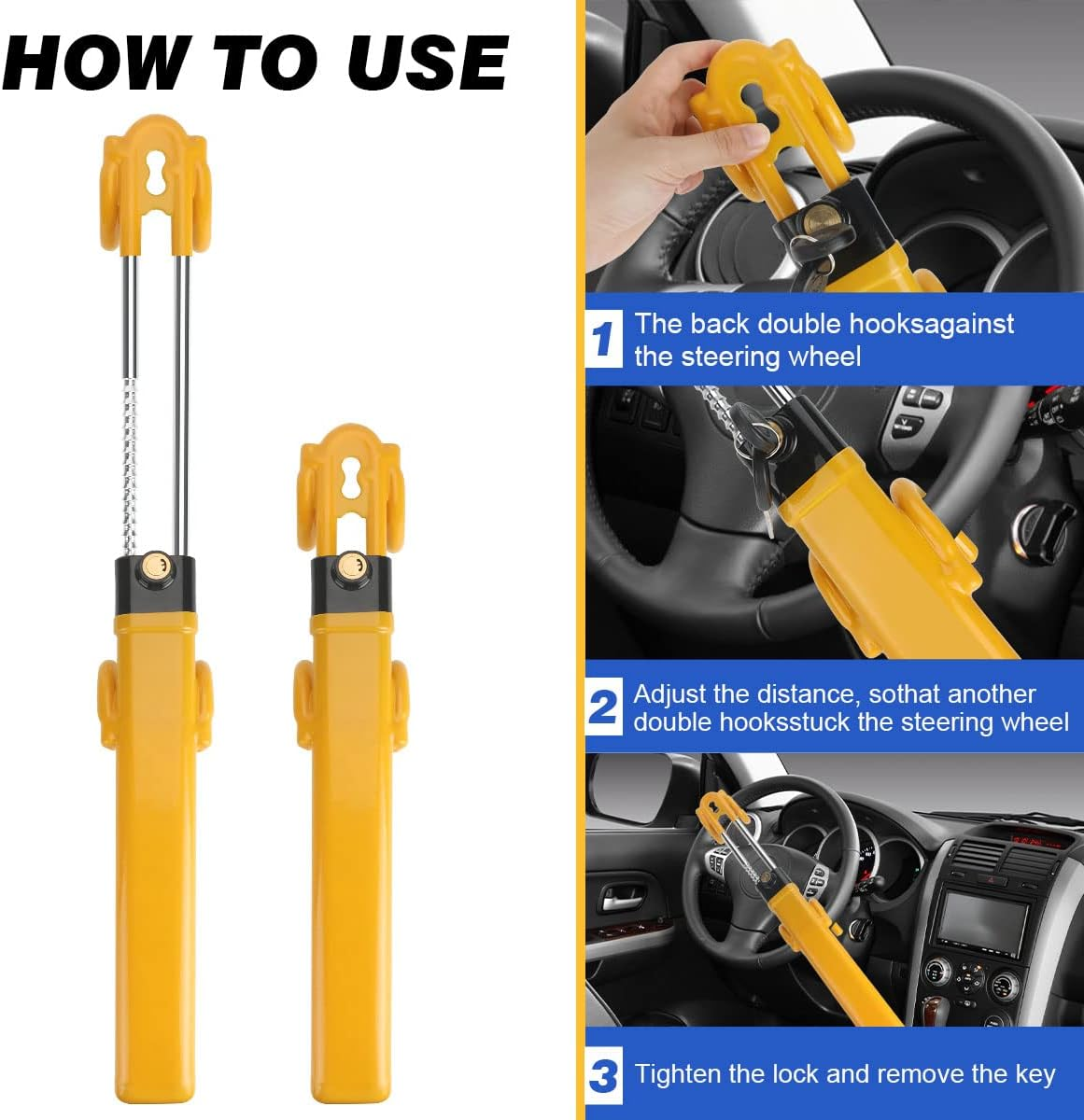 Heavy Duty Anti-Theft Steering Lock (Yellow) image number 3