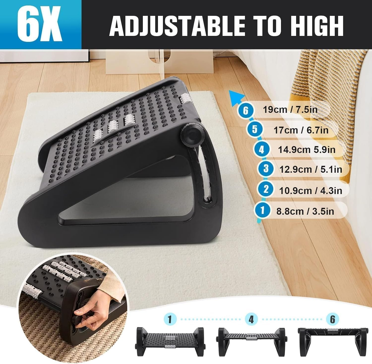 Foot Rest under Desk Ergonomic - 6 Height Adjustable, Manual Massage Rollers, Premium Vinyl Cover & Sturdy Plastic Frame for Home Office & Gaming image number 2