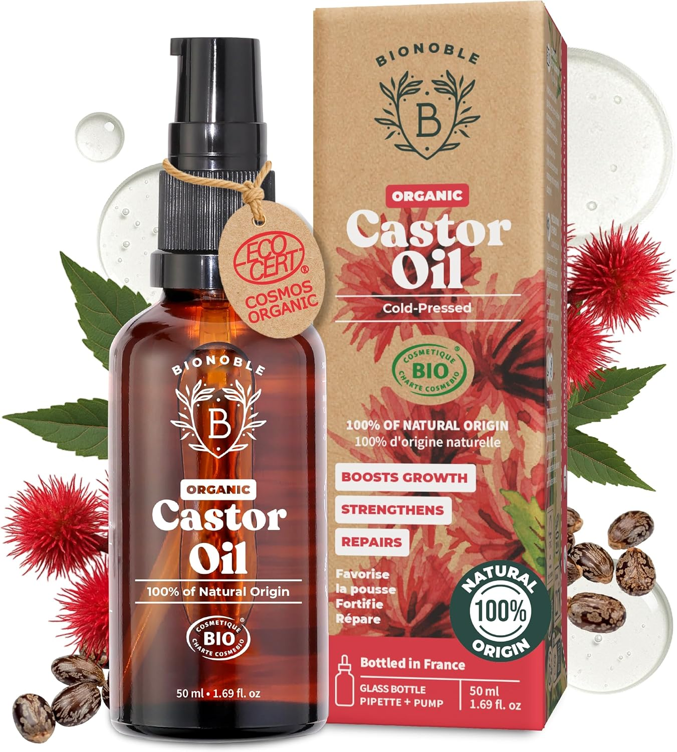 BIONOBLE Castor Oil Organic and Cold Pressed - Glass Bottle, Pipette and Pump - Vegan and Hexane Free Organic Castor Oil - Hair Growth Oil, Lash Serum, Beard Oil - 50Ml