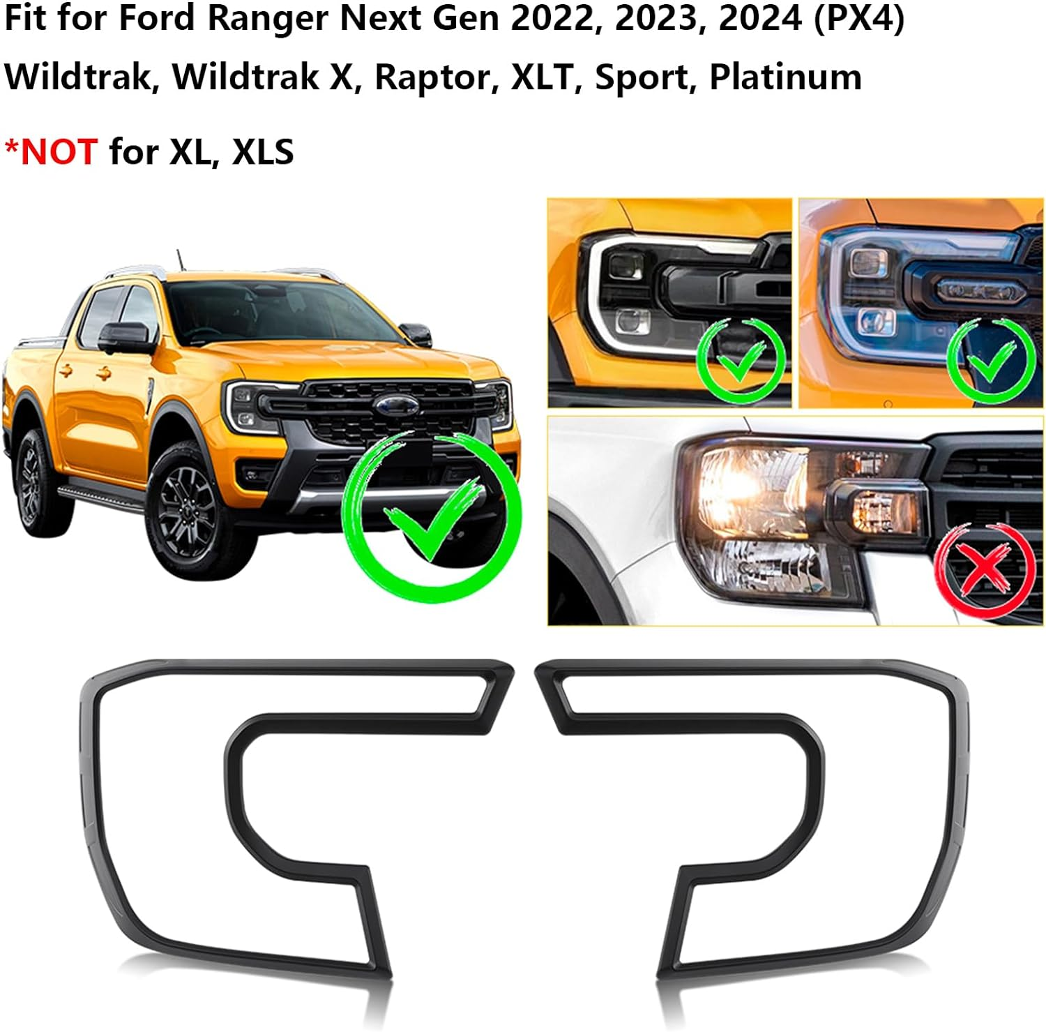 SUERAUTO4X4 Headlight Tail Light Cover Trim for Ford Ranger Next Gen Wildtrak Raptor XLT Sport Platinum 2022 2023 2024 Accessories, Headlight Protector Surround Rear Tail Light Cover Trim Matte Black image number 4