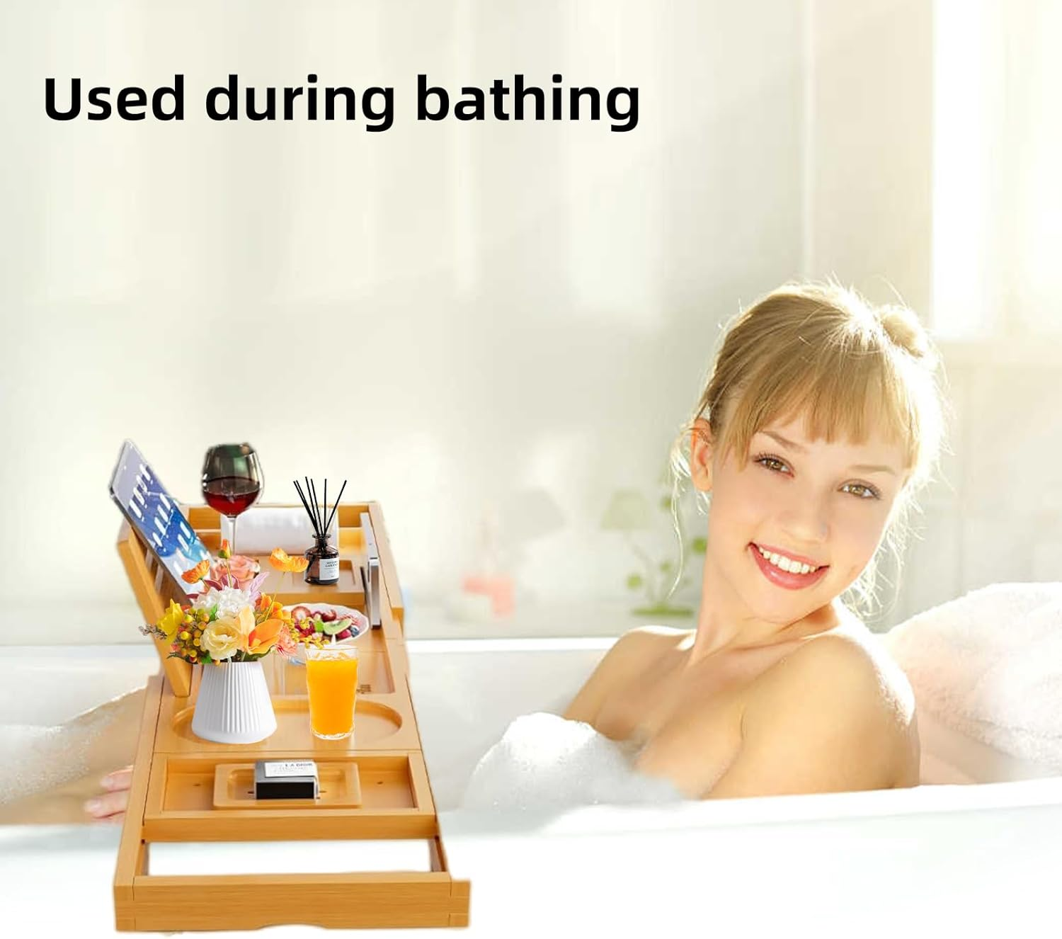 STEUGO Bamboo Expandable Bathtub Tray, Premium Bath Reading Tray for Tub, Books Caddy While Soaking, Tablets & Wine Glasses - Perfect Luxury Gifts for Anniversary and Wedding, Bathroom Accessories image number 5