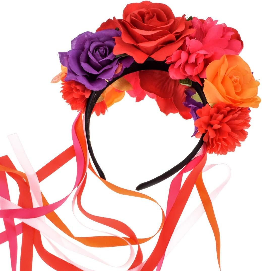 Day of the Dead Flower Crown Festival Headband Rose Mexican Floral Headpiece HC-23 - A-Rainbow Headband image number 3