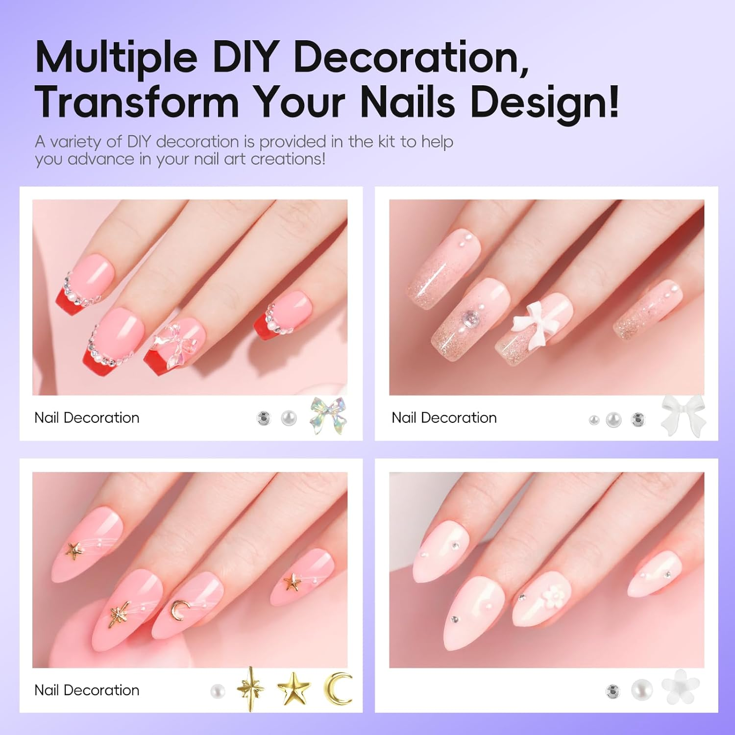 PEACECOLOR Gel Nail Kit, 240Pcs Short Medium Almond Nail Tips with U V Light 2PC Jelly Gel Polish Nail Glue Top Coat Stickers Rhinestones Easy Extension Set DIY Salon Gifts for Women