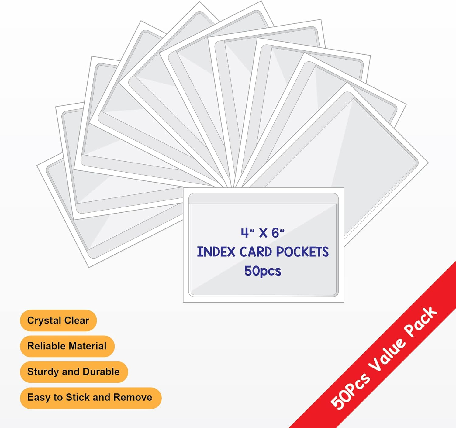 Clear Adhesive 4" X 6" Index Card Pockets with Top Open for Loading, 50 Pack, Plastic Labels Holders for Storage Bins and Library Card, Organizing and Protecting Your Index Cards or Photos image number 1
