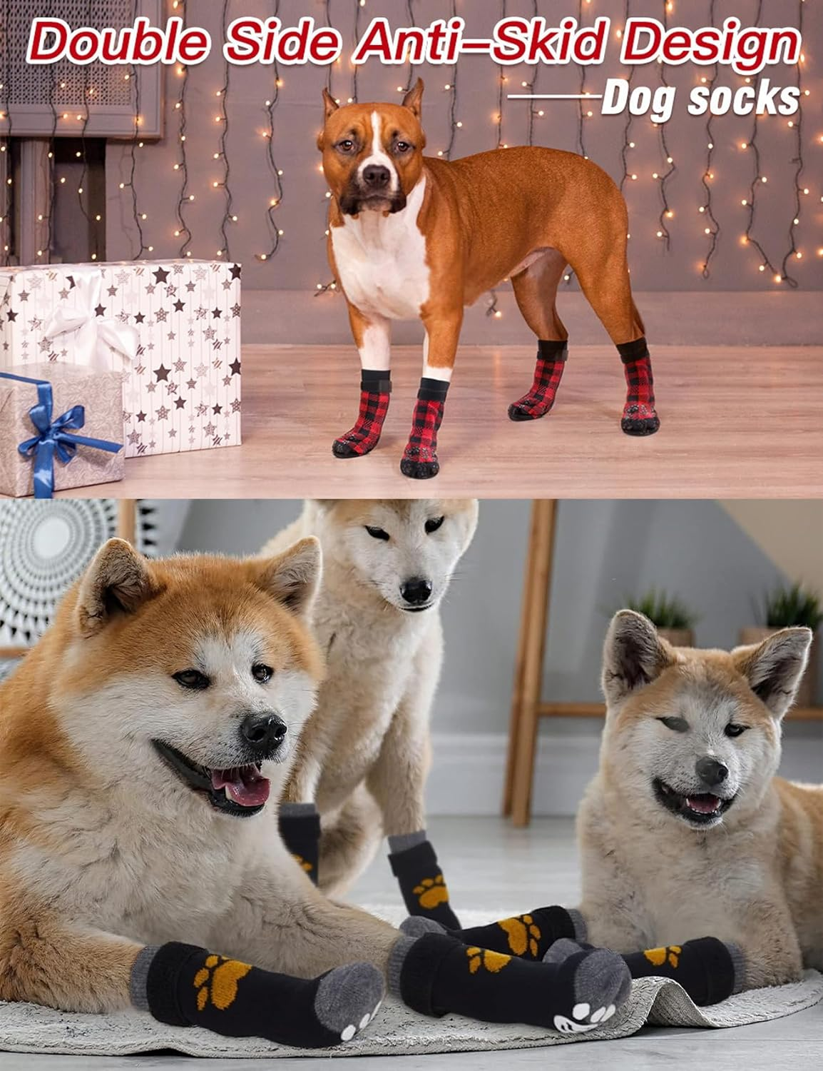 12 PCS Anti-Slip Paw Protectors Dog Socks, 3 Pairs Double Side Soft Non-Slip with Adjustable Straps, 3 Patterns Christmas Dog Socks, Traction Control Socks for Indoor Hardwood Floor Wear for Dogs (L) image number 1