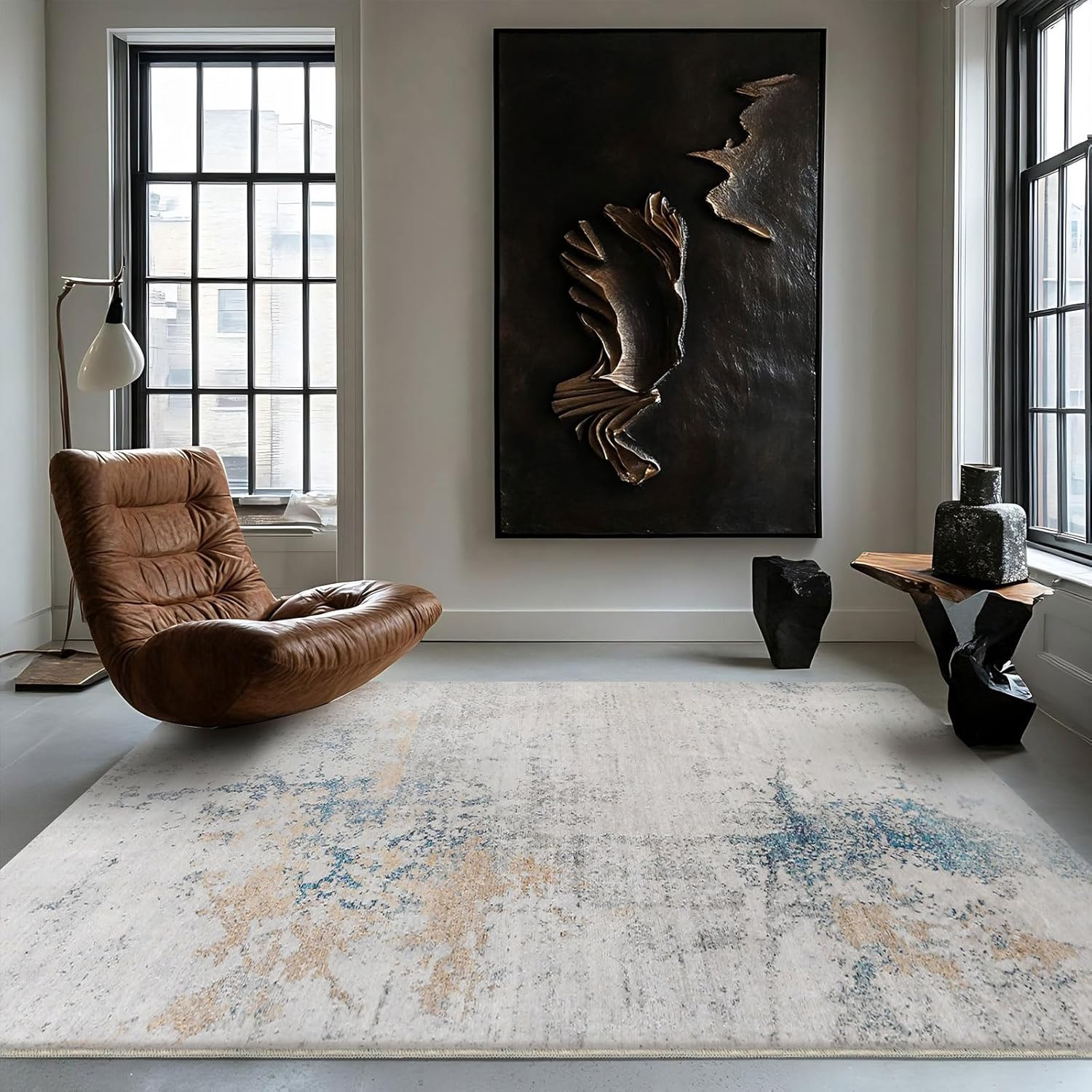 Safunion Area Rugs Living Room Rugs for Bedroom Kitchen Non-Slip Carpet Modern Abstract Rug Soft Floor Mat Home Decor Carpet (Abstract Grey/Blue/Gold/Multi, 200X300Cm) image number 3